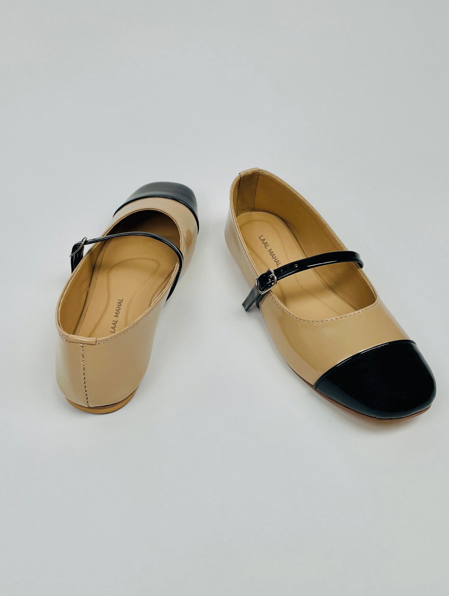 Beige black two-tone Mary Jane flat shoes back view – Laal Mahal Pakistan