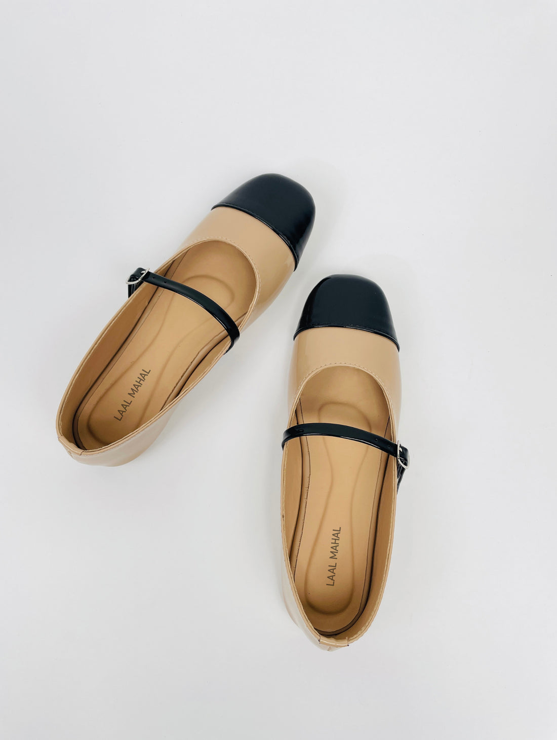 Beige and black two-tone Mary Jane flat shoes top view – Laal Mahal Pakistan