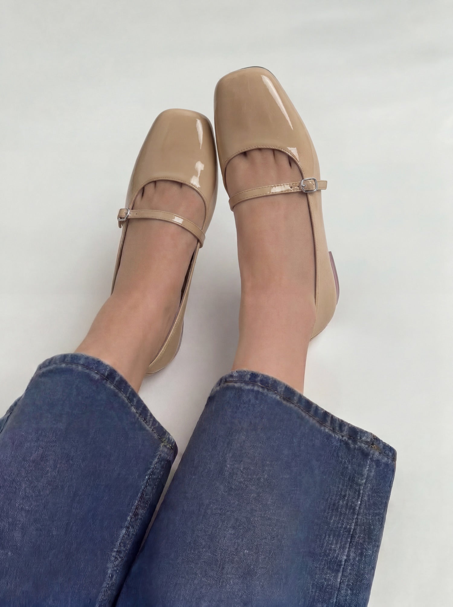 Beige Mary Janes patent leather flat shoes worn with jeans Pakistan — Laal Mahal