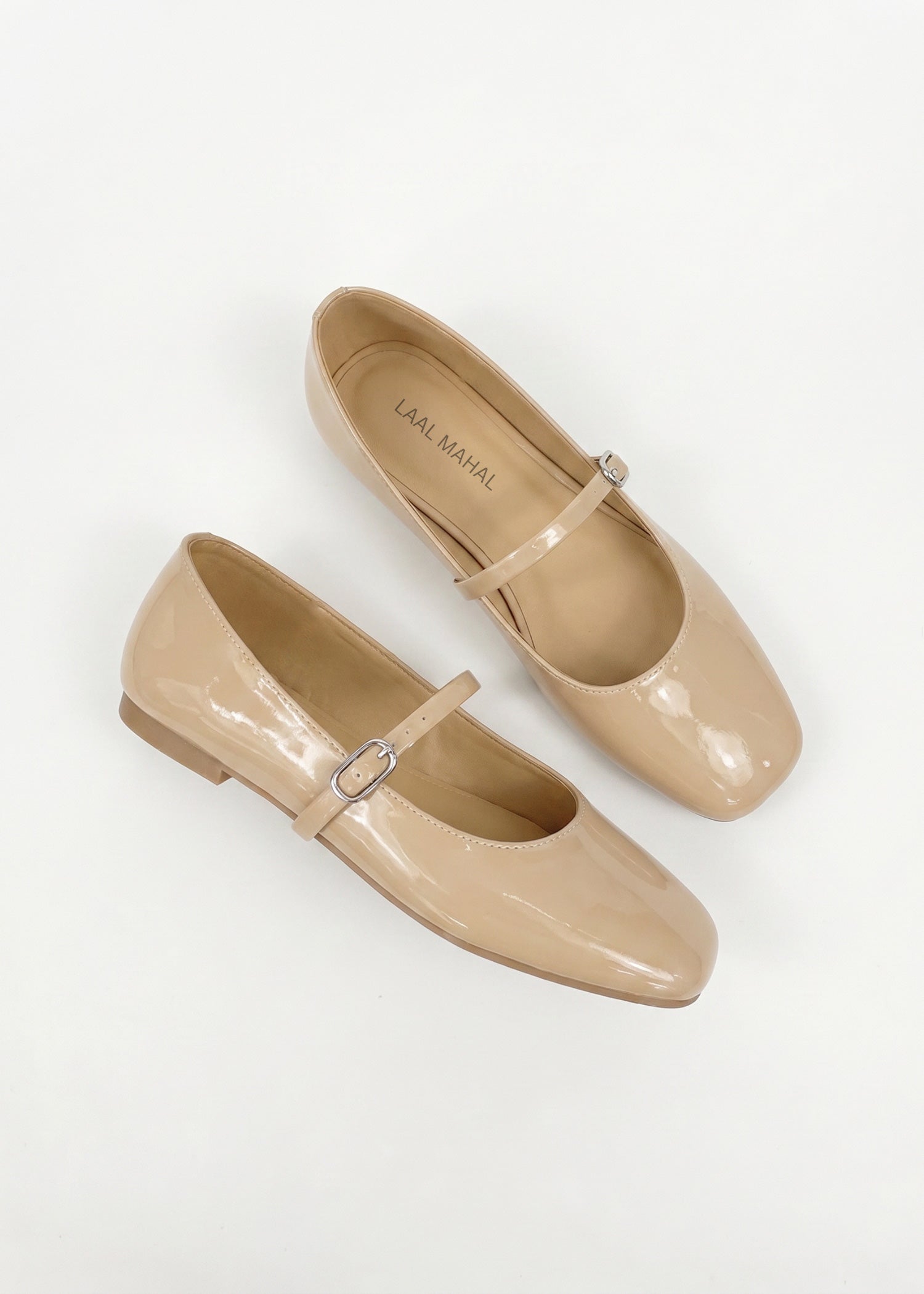 Beige Mary Jane flat shoes side view – Laal Mahal Pakistan