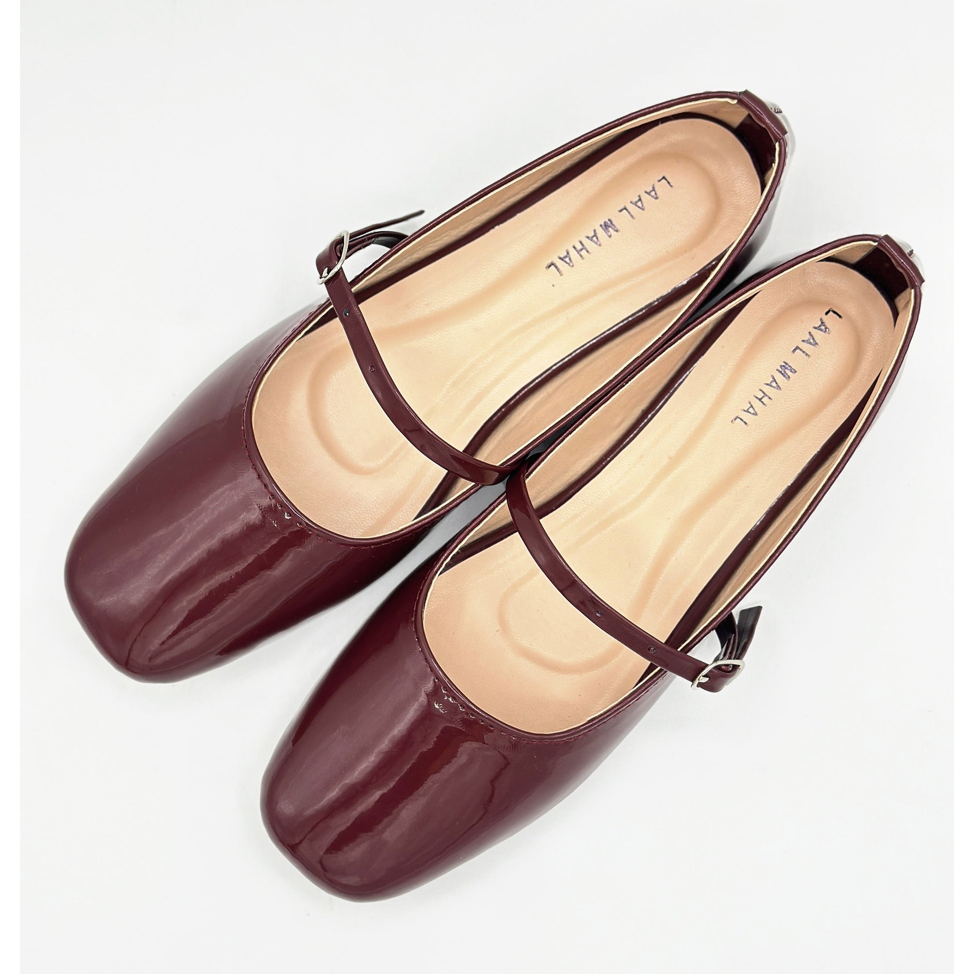 Bella burgundy patent leather mary jane flat shoes pair angled flat lay Pakistan — Laal Mahal