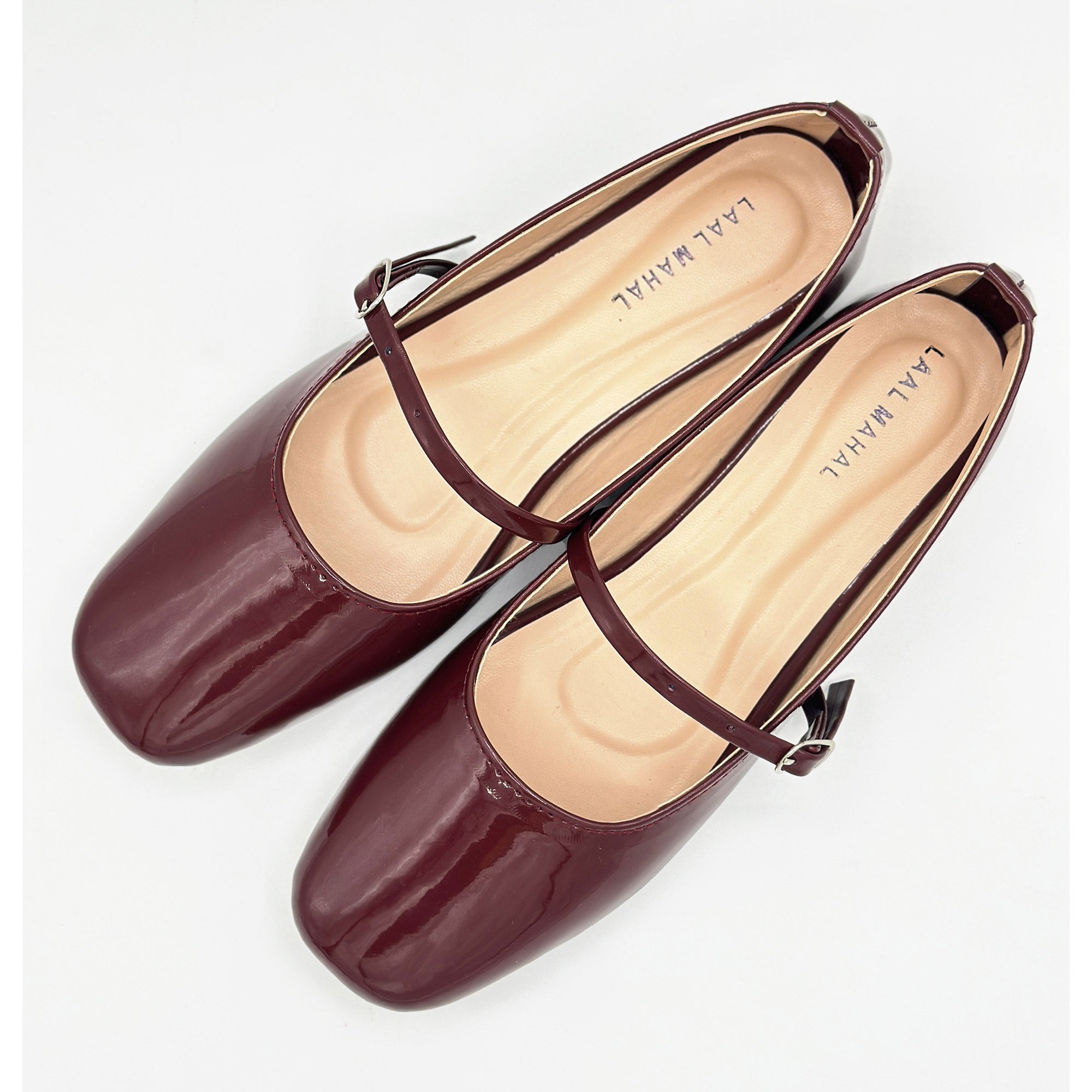 Bella burgundy patent leather mary jane flat shoes pair angled flat lay Pakistan — Laal Mahal
