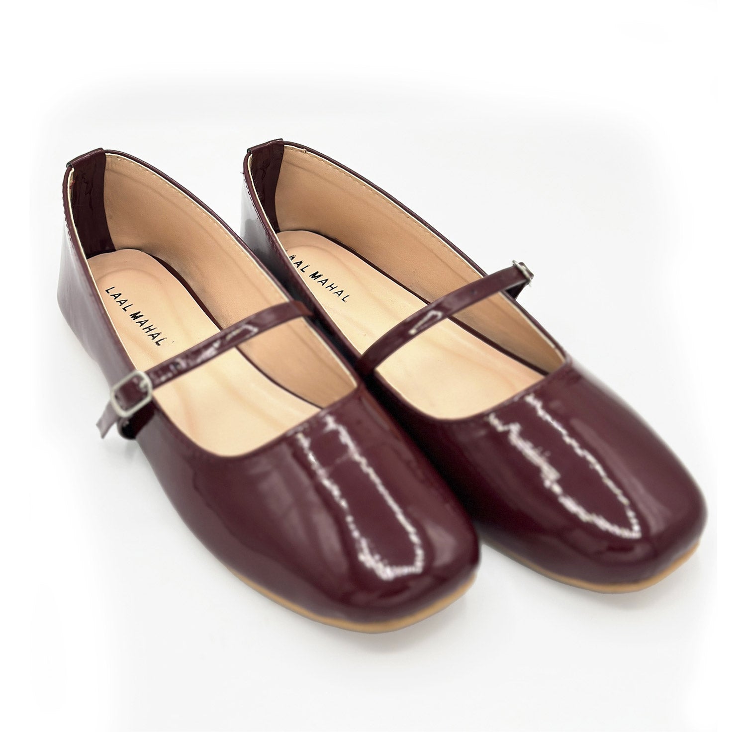 Bella burgundy patent leather mary jane flat shoes pair front view Pakistan — Laal Mahal