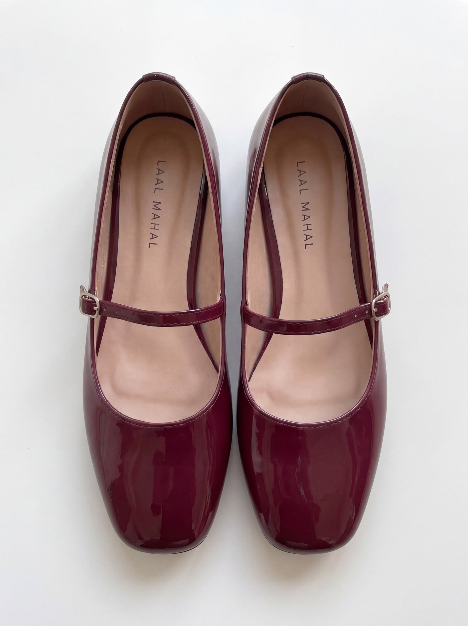 Bella burgundy patent leather mary jane flat shoes pair top view Pakistan — Laal Mahal