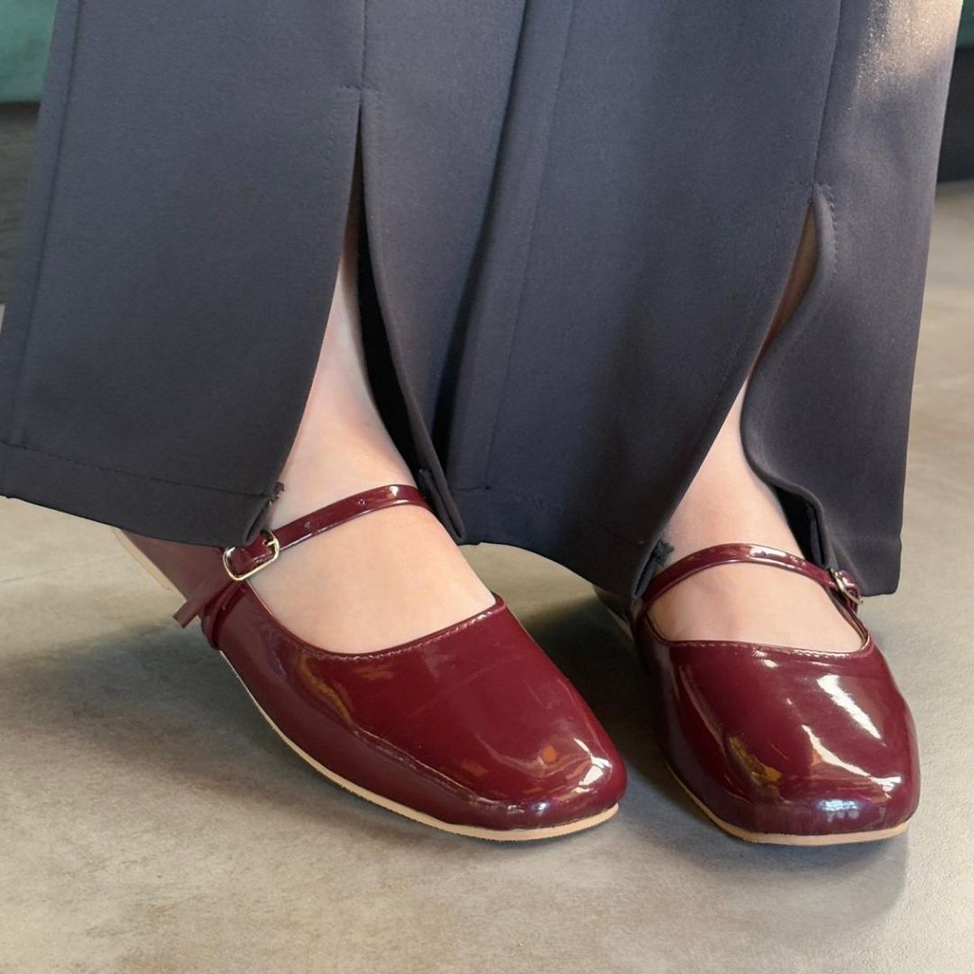 Bella burgundy patent leather mary jane flat shoes worn with grey trousers Pakistan — Laal Mahal