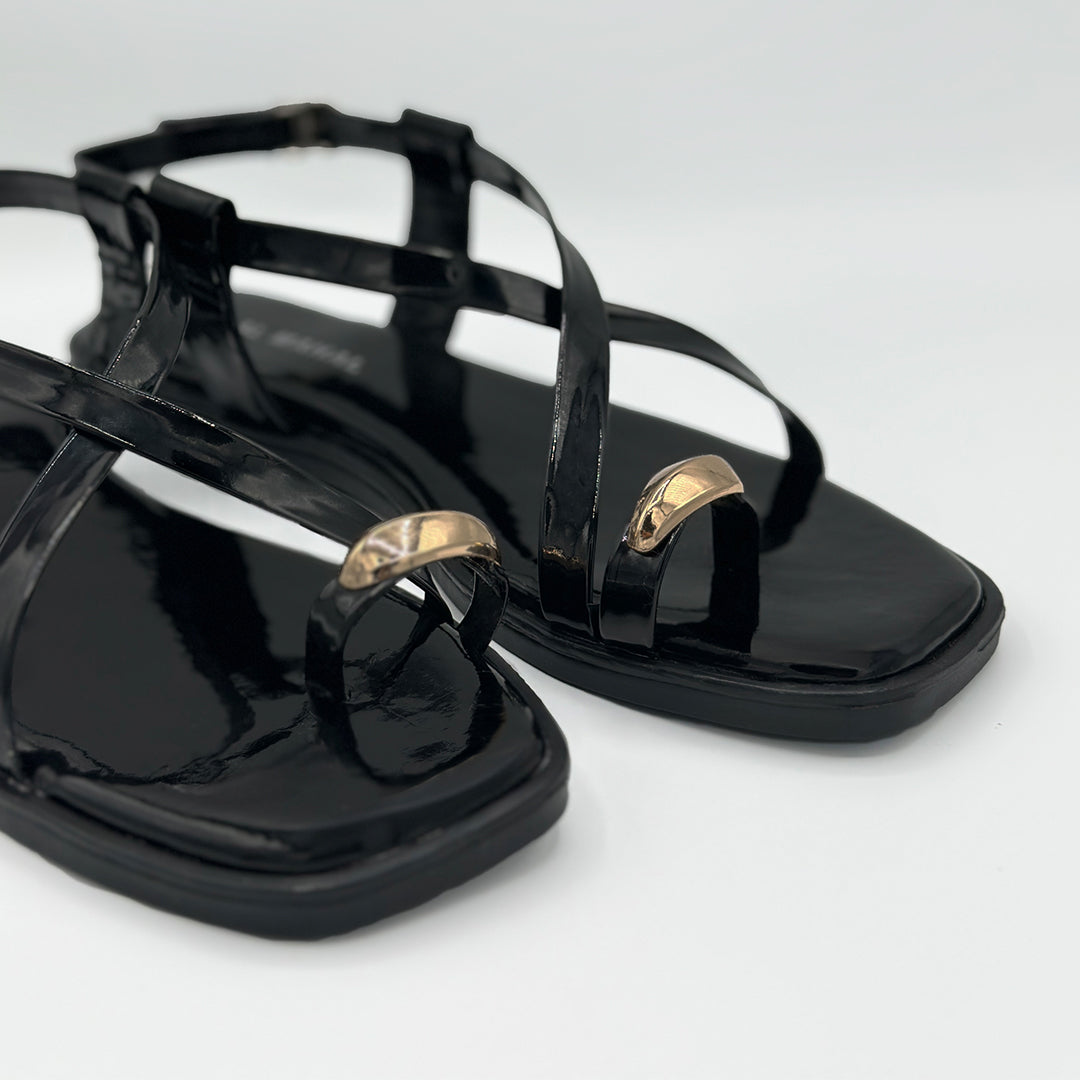 Black Charm patent cross strap flat sandals side view women Pakistan – Laal Mahal