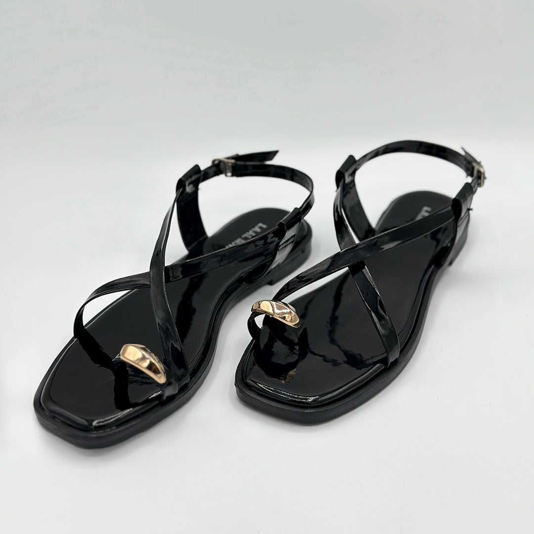 Black Charm patent cross strap flat sandals top view women Pakistan – Laal Mahal