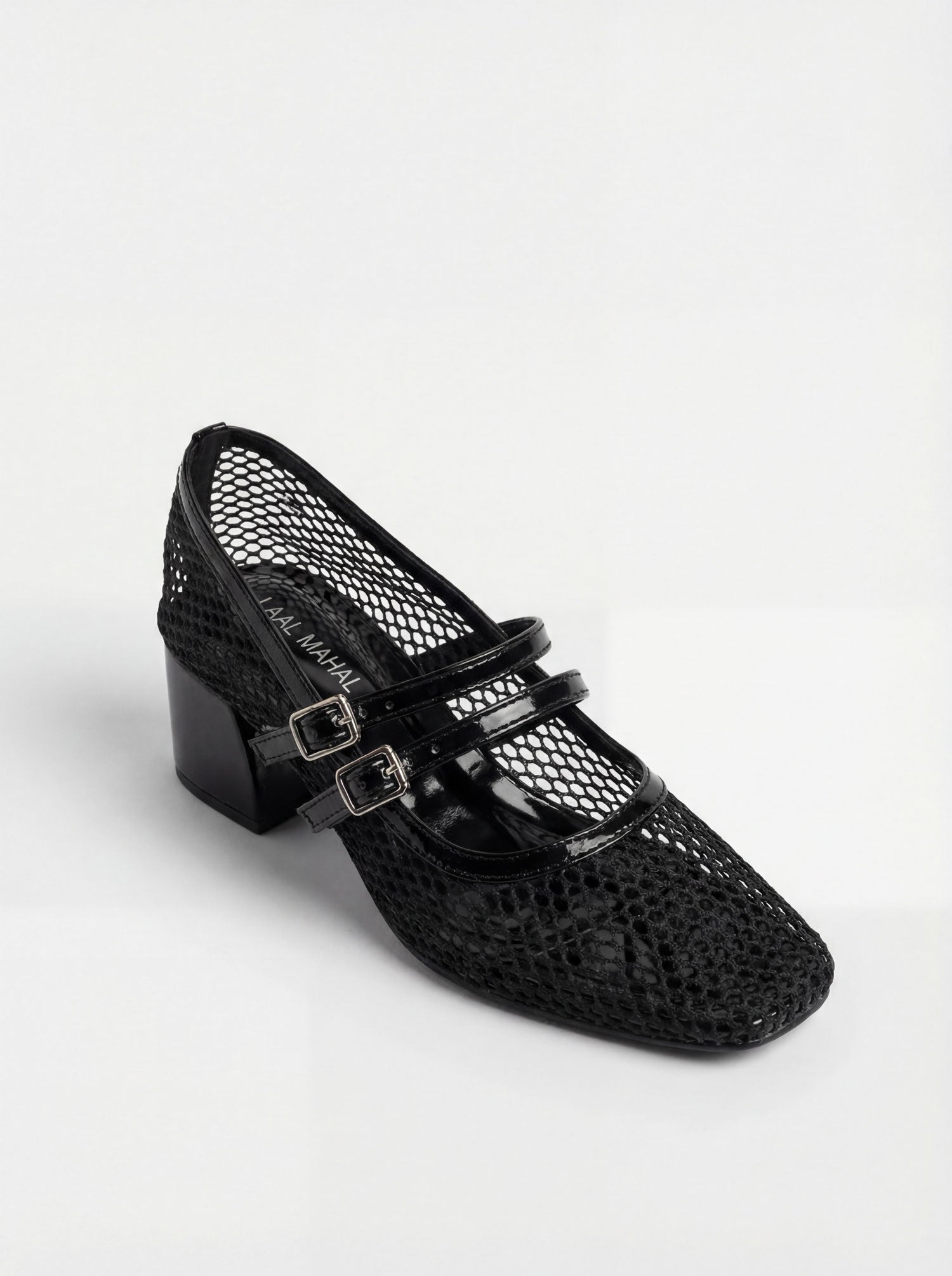 Black mesh double buckle block heels front view Pakistan — Laal Mahal