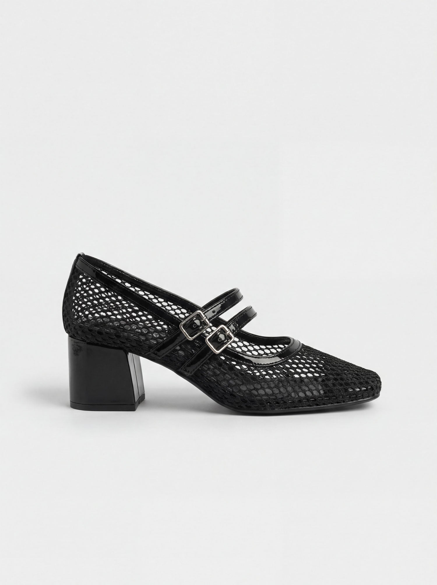 Black mesh block heels side profile 2 inch heel Pakistan — Laal Mahal