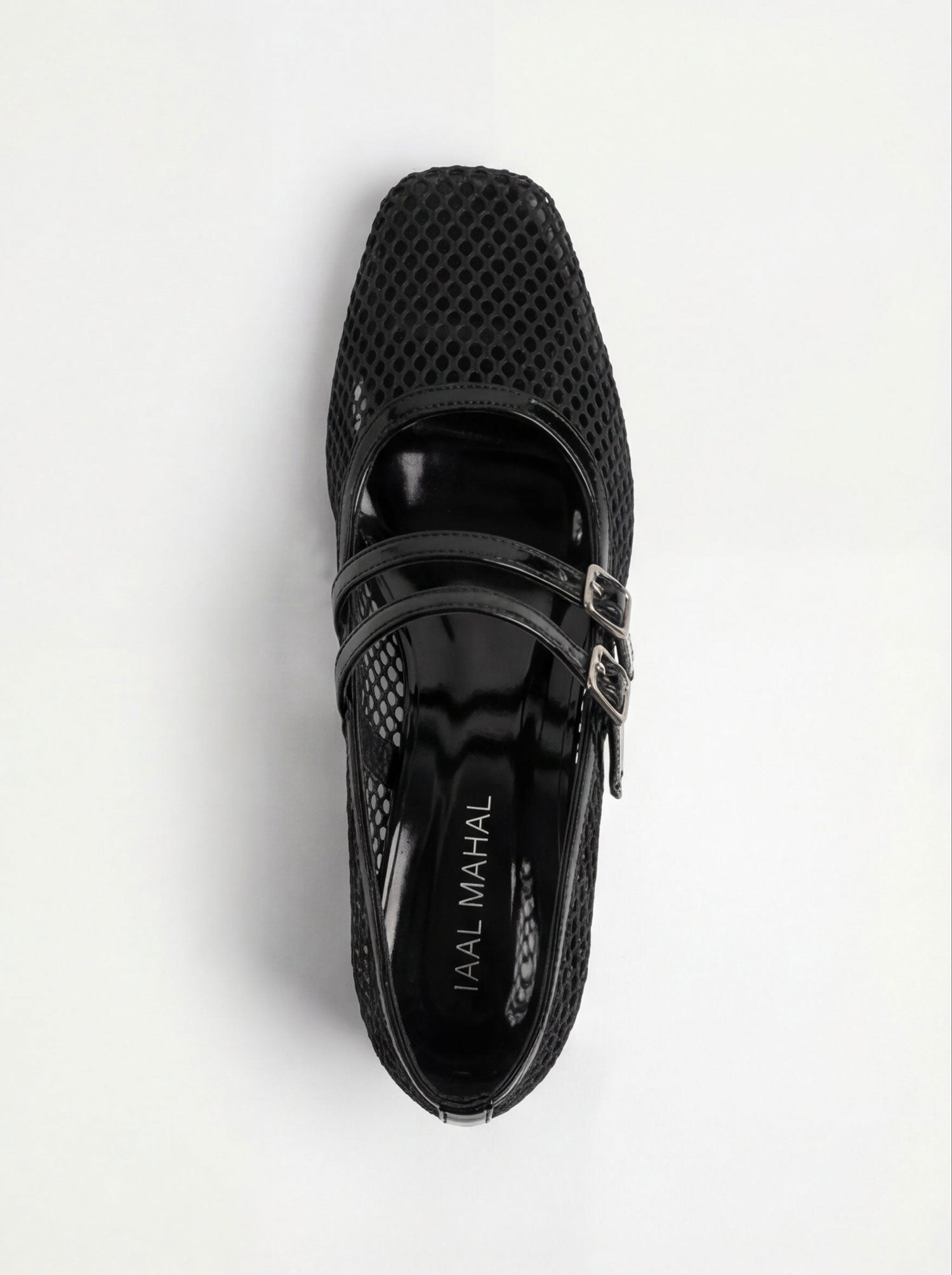 Black mesh block heels single shoe angled view Pakistan — Laal Mahal