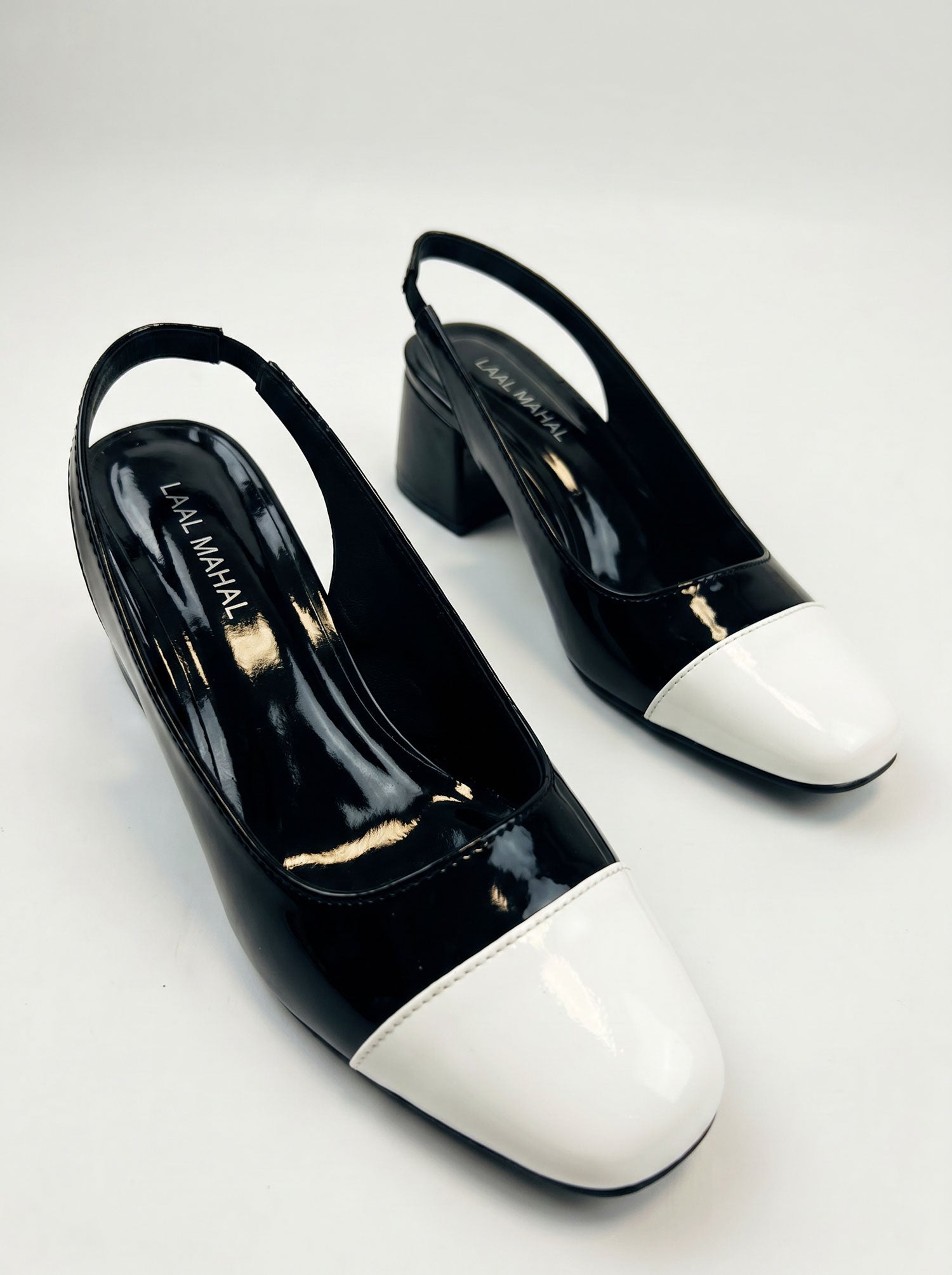 Black and white slingback block heels front view Pakistan — Laal Mahal