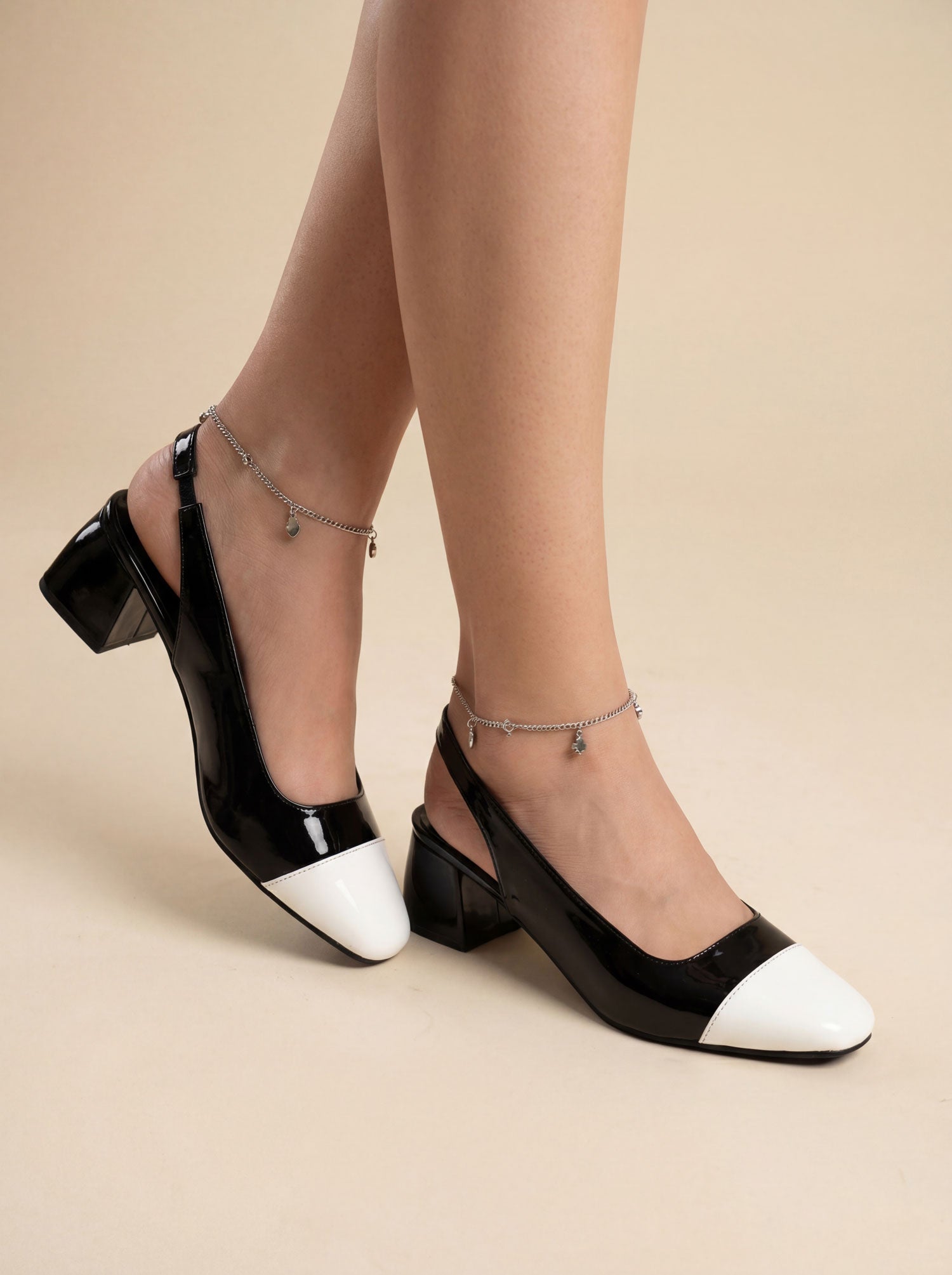 Black and white slingback block heels side profile Pakistan — Laal Mahal