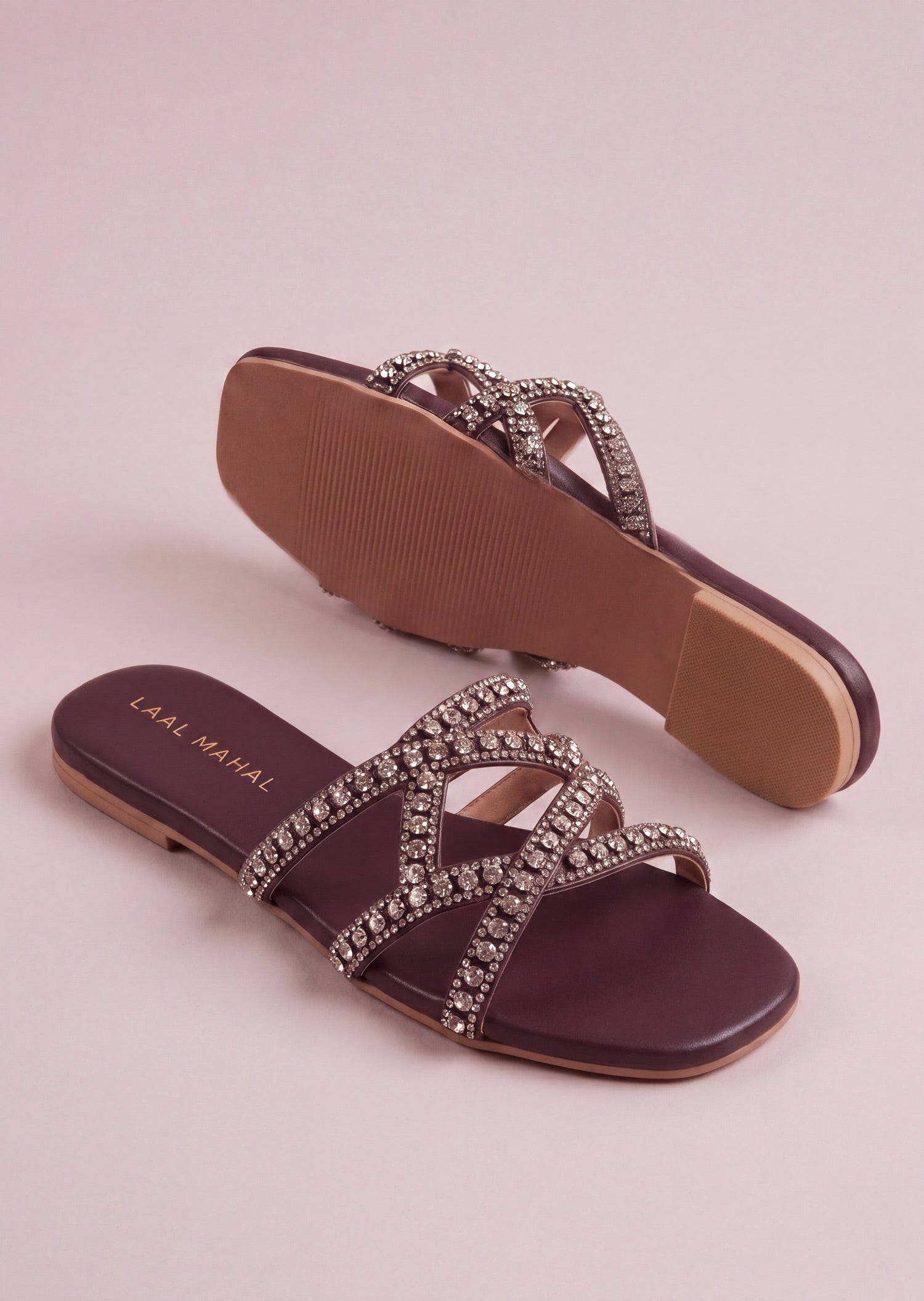 Celeste Crystal embellished flat slides single angled view Pakistan — Laal Mahal