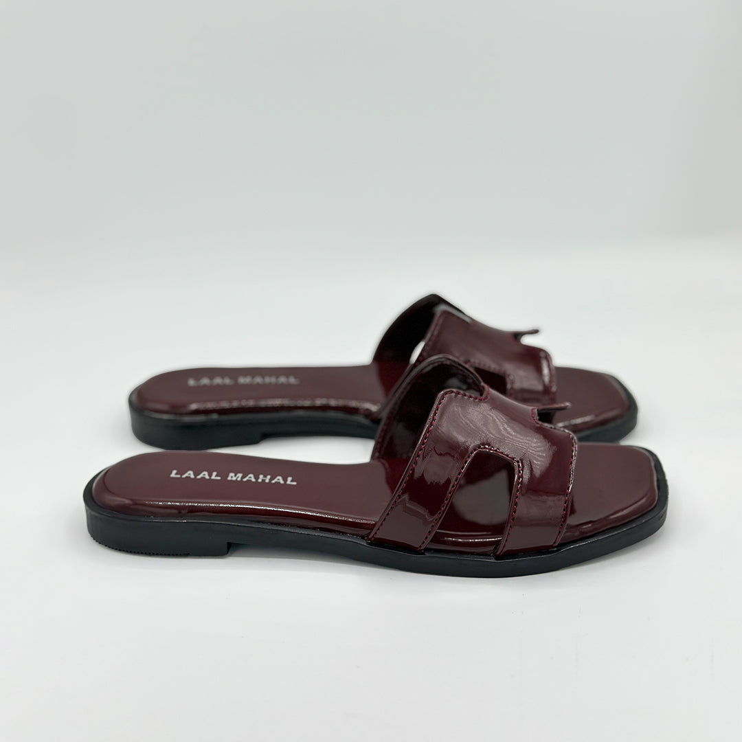 Cherry Chic burgundy patent leather H-strap slide flat sandals pair view women Pakistan – Laal Mahal