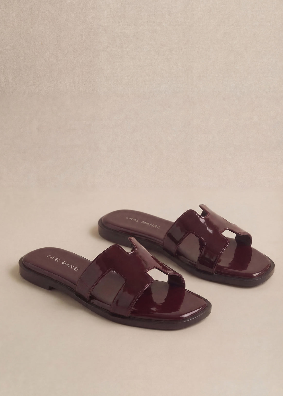 Cherry Chic burgundy patent leather H-strap slide flat shoes for women Pakistan – Laal Mahal