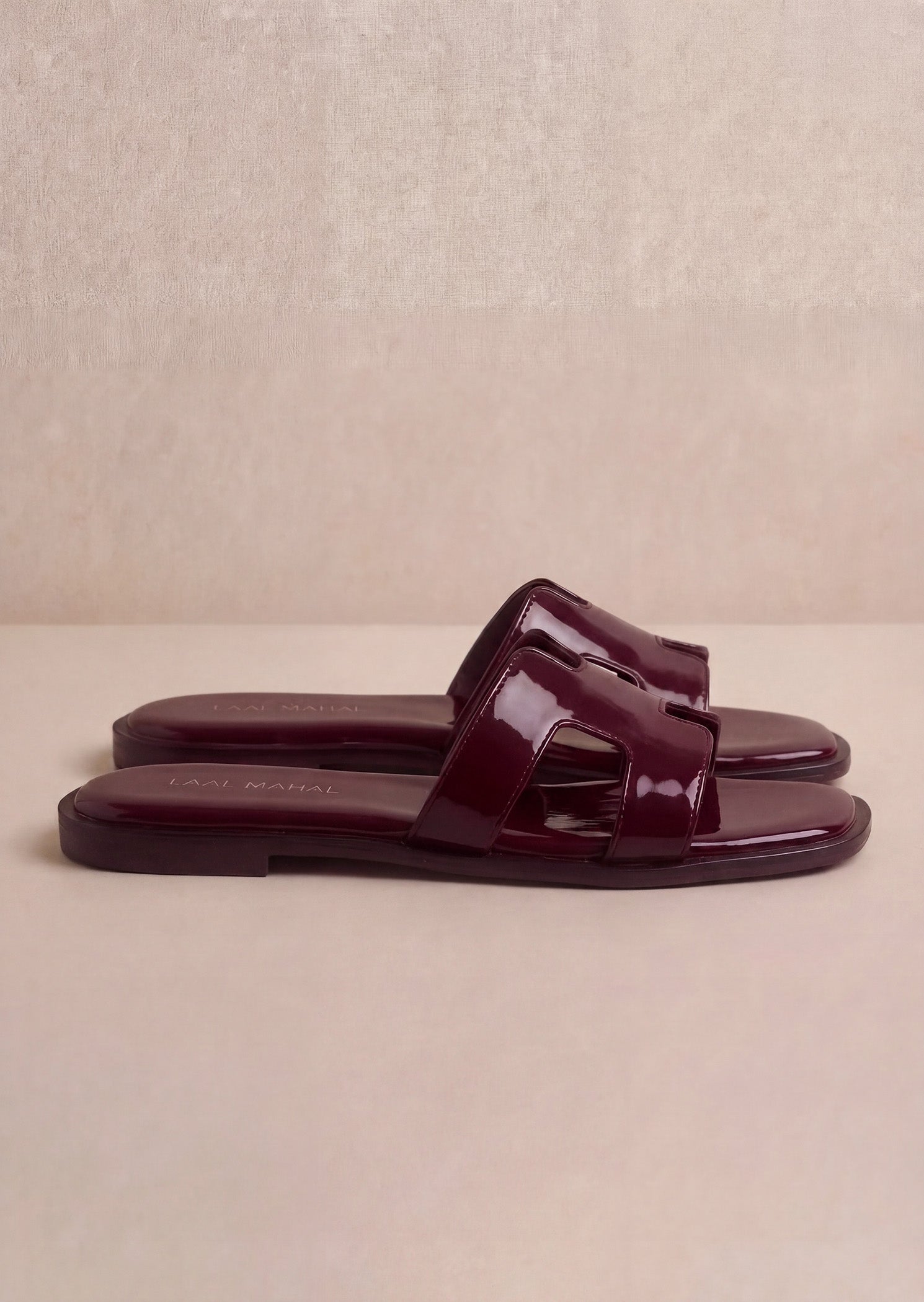 Cherry Chic maroon patent H-strap slide flats side view women Pakistan – Laal Mahal