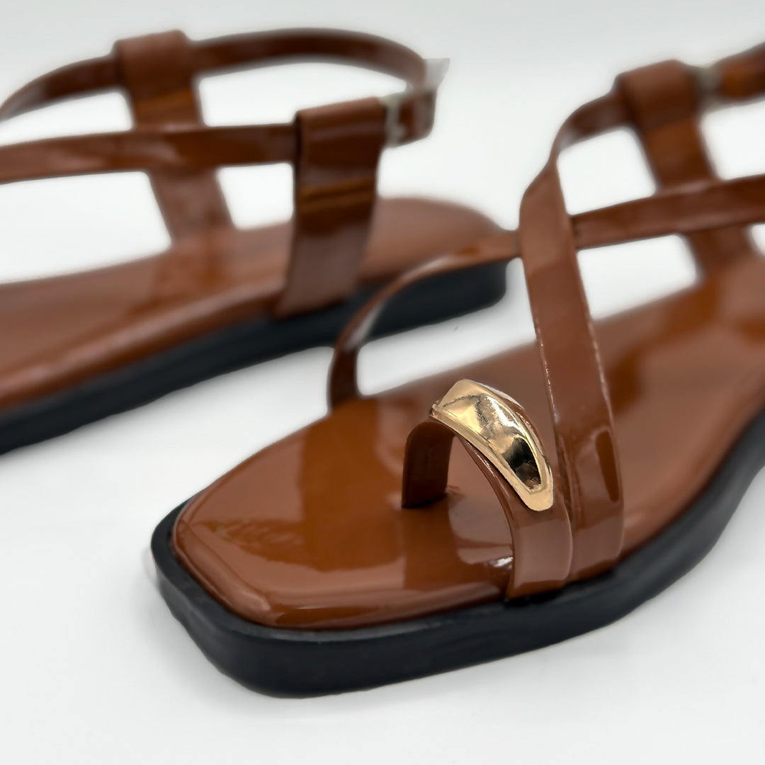 Cocoa Vibe brown patent cross strap flat sandals side view women Pakistan – Laal Mahal