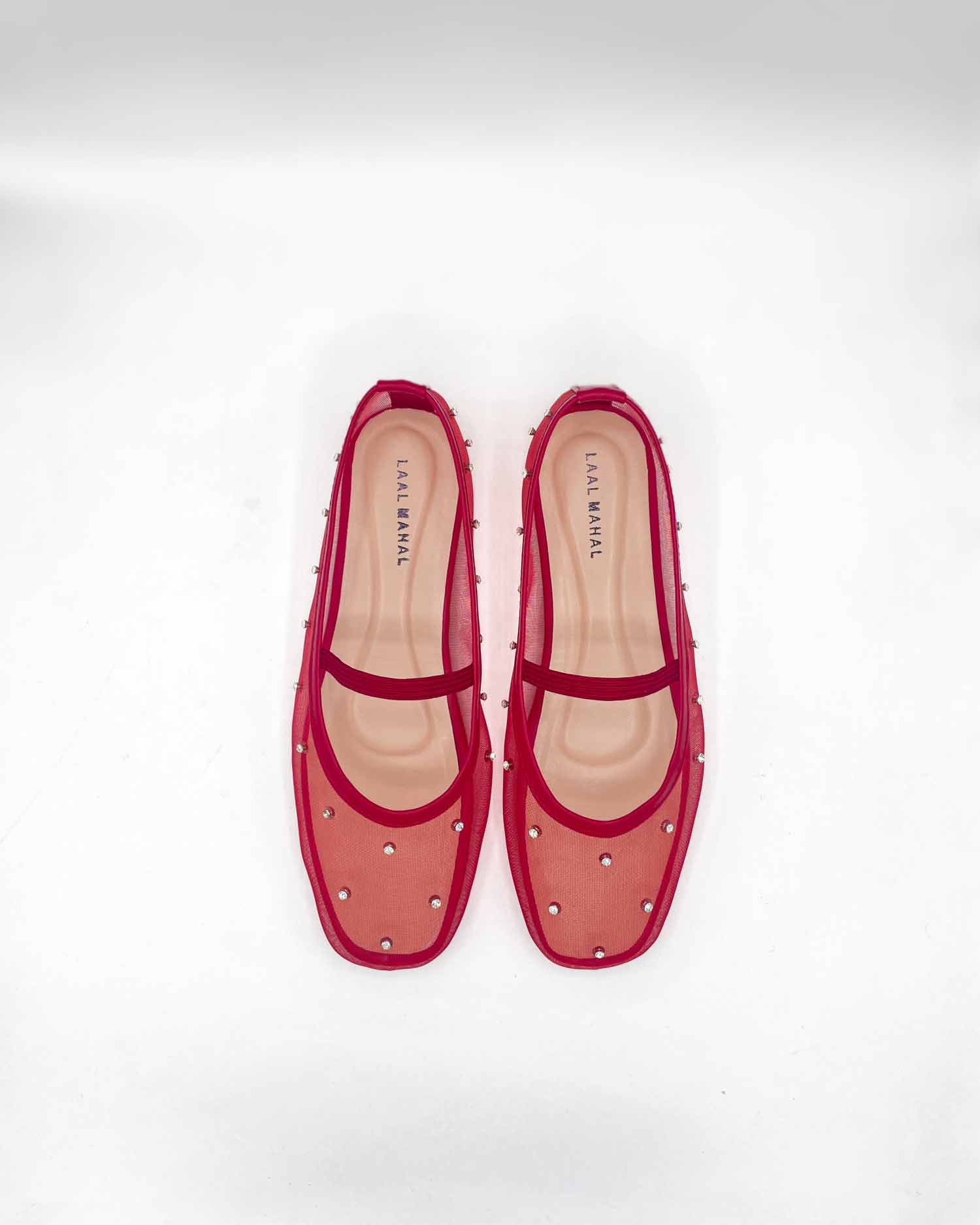 Crystal Gaze red rhinestone ballet flat shoes pair flat lay Pakistan — Laal Mahal