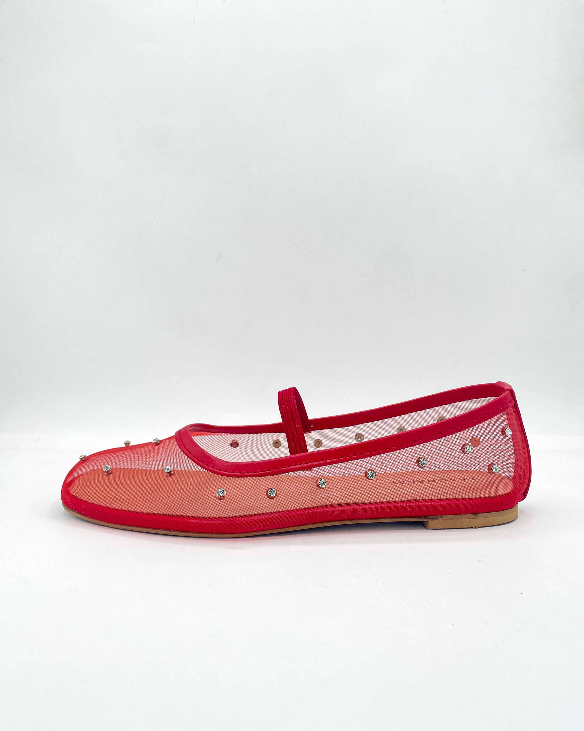 Crystal Gaze red rhinestone ballet flat shoe single studio white background Pakistan — Laal Mahal