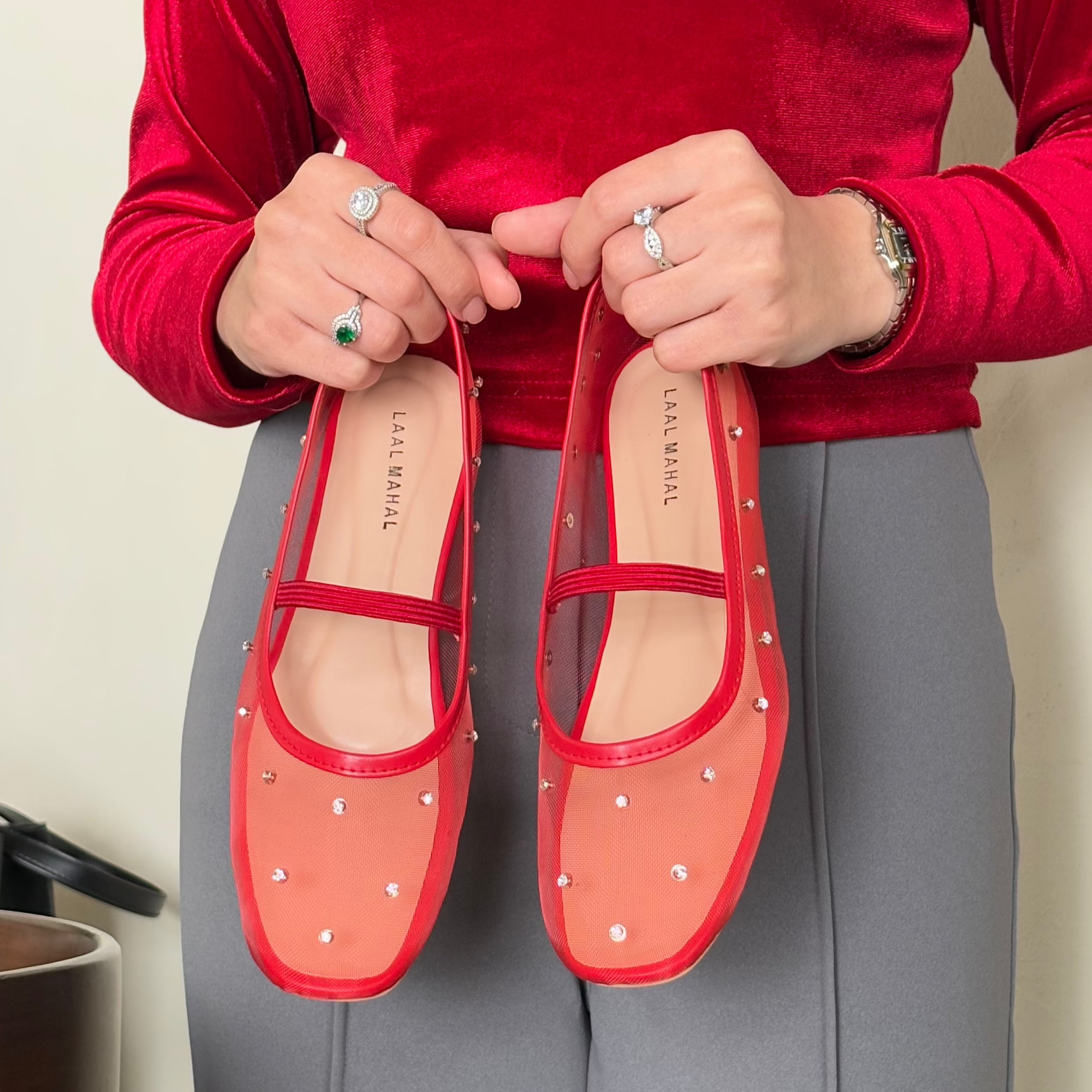 Crystal Gaze red rhinestone ballet flat shoes worn with red outfit Pakistan — Laal Mahal