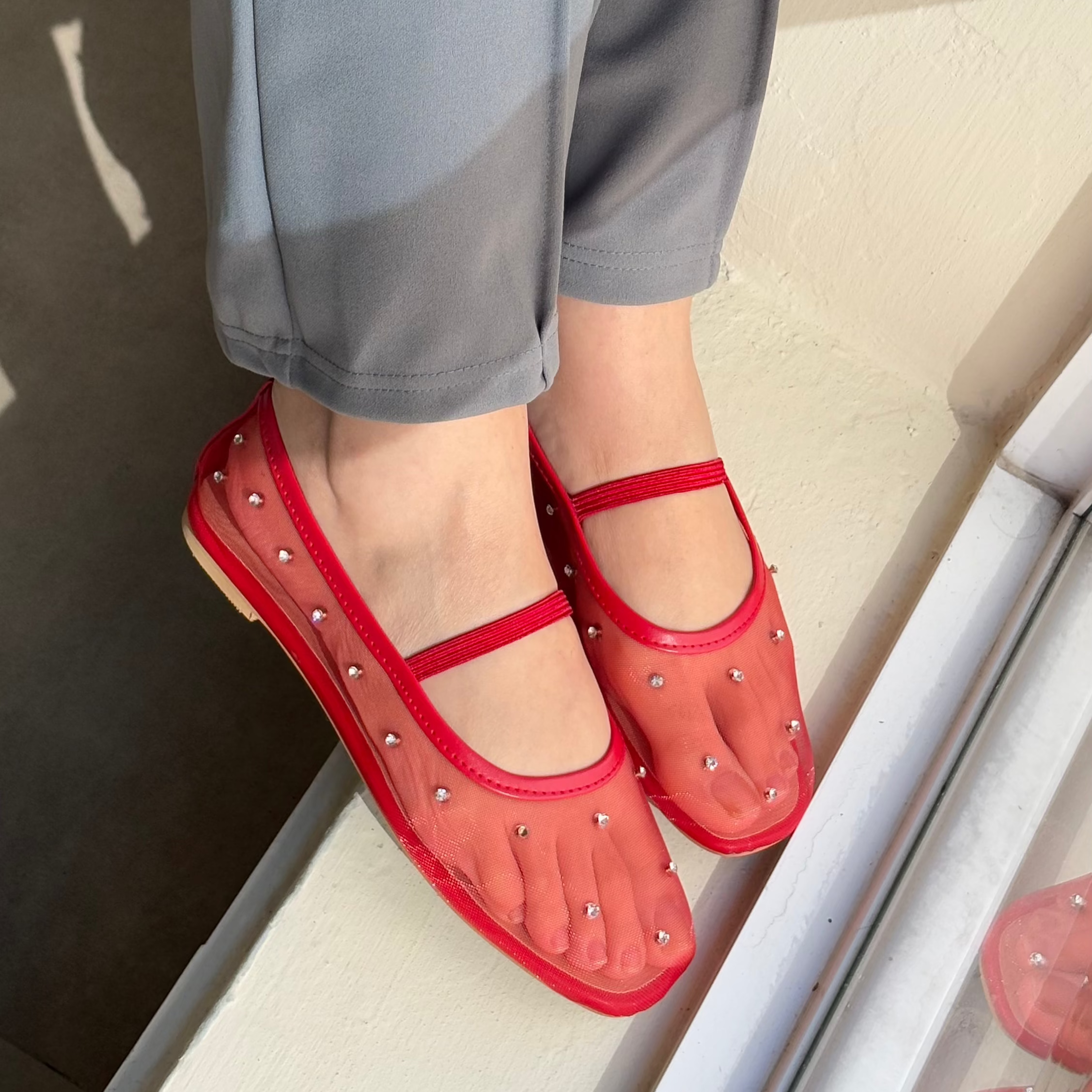 Crystal Gaze red rhinestone ballet flat shoes worn side angle Pakistan — Laal Mahal
