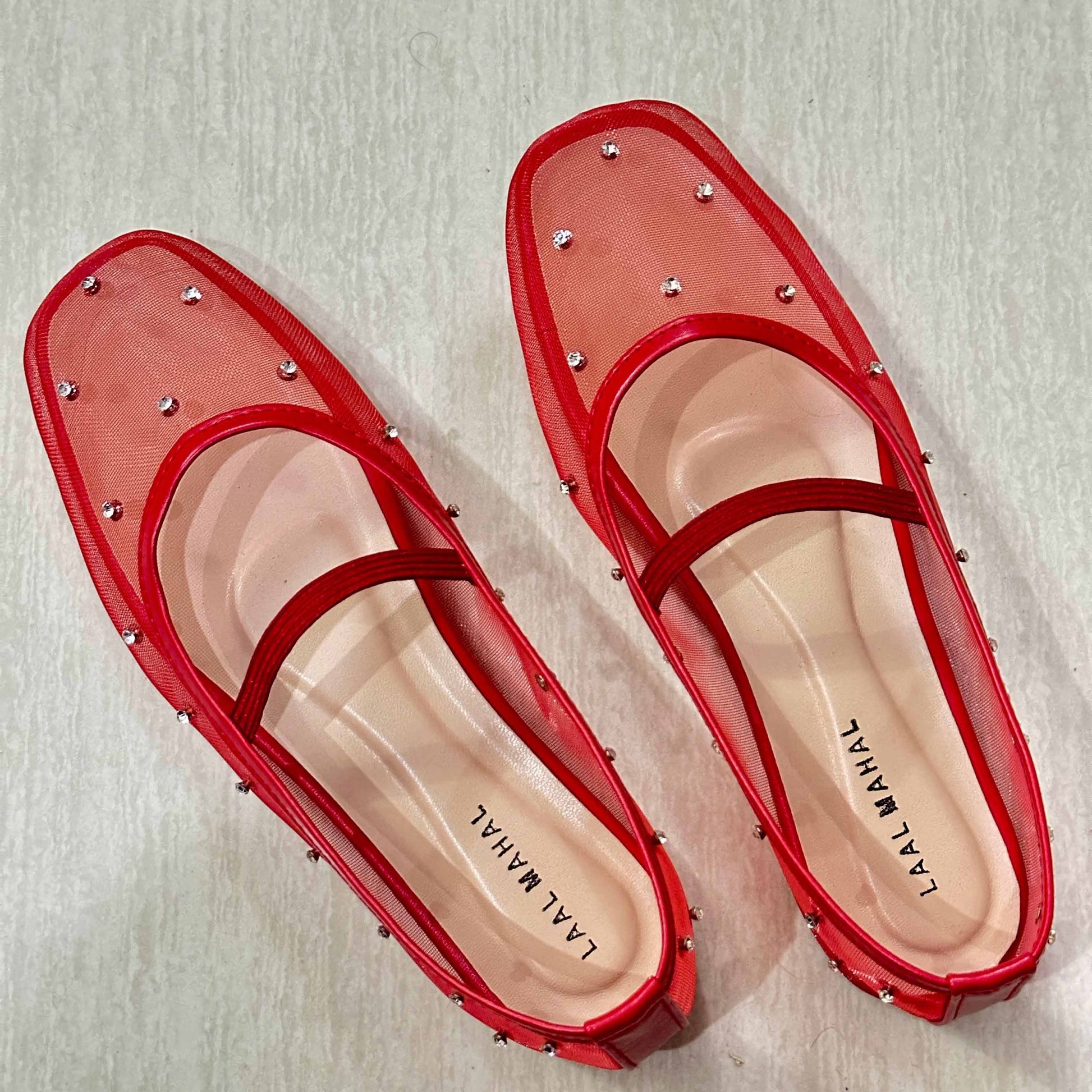Crystal Gaze red rhinestone ballet flat shoes worn standing grey trousers Pakistan — Laal Mahal