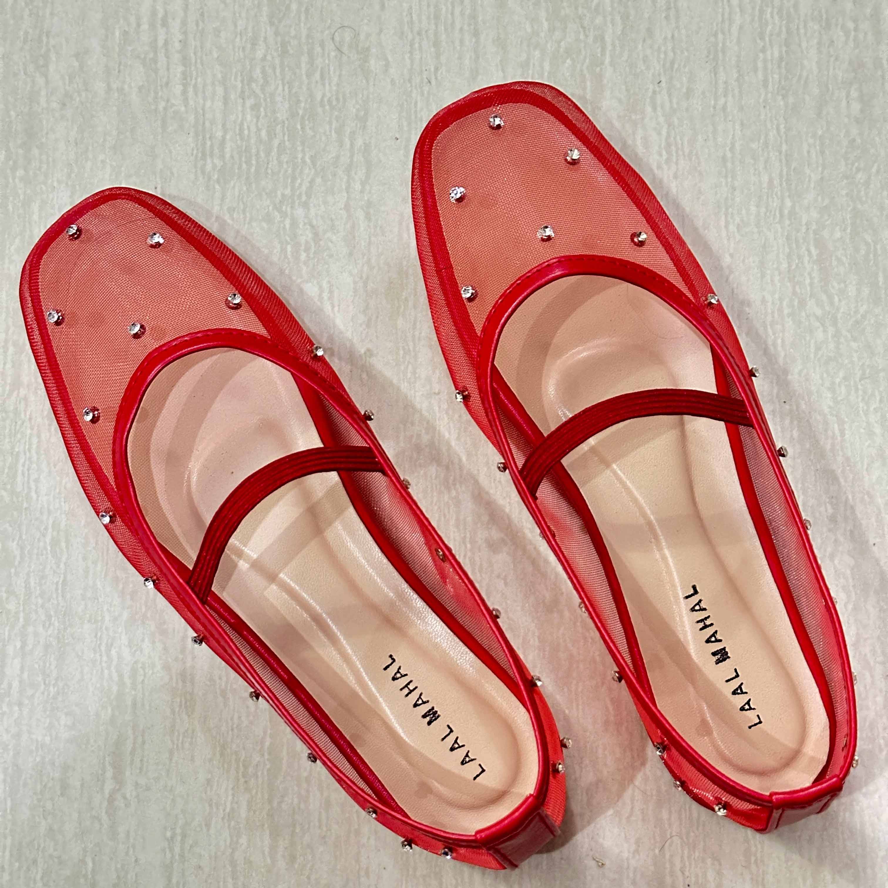 Crystal Gaze red rhinestone ballet flat shoes worn standing grey trousers Pakistan — Laal Mahal