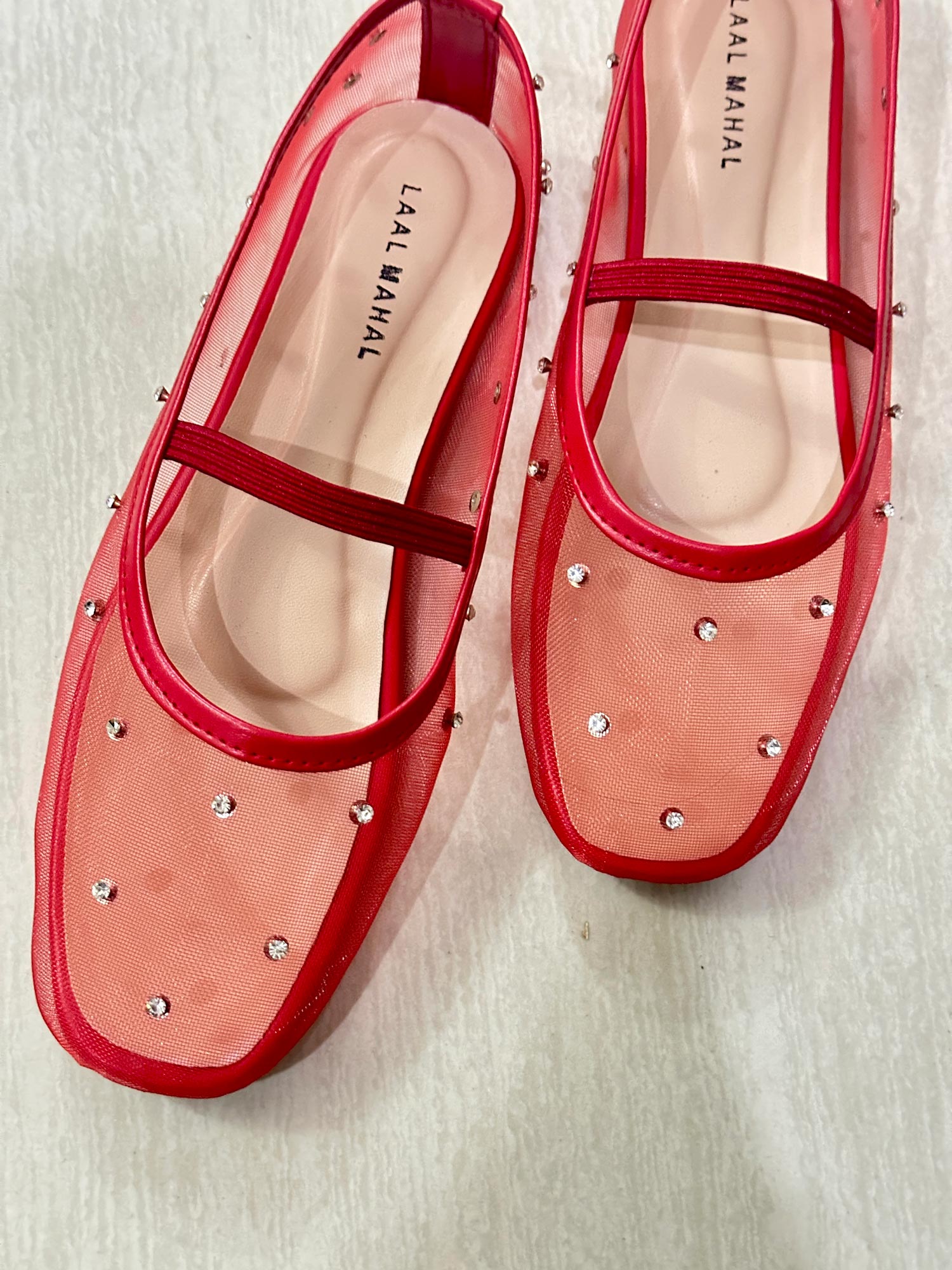 Crystal Gaze red rhinestone mesh ballet flat shoes overhead close up rhinestone detail Pakistan — Laal Mahal