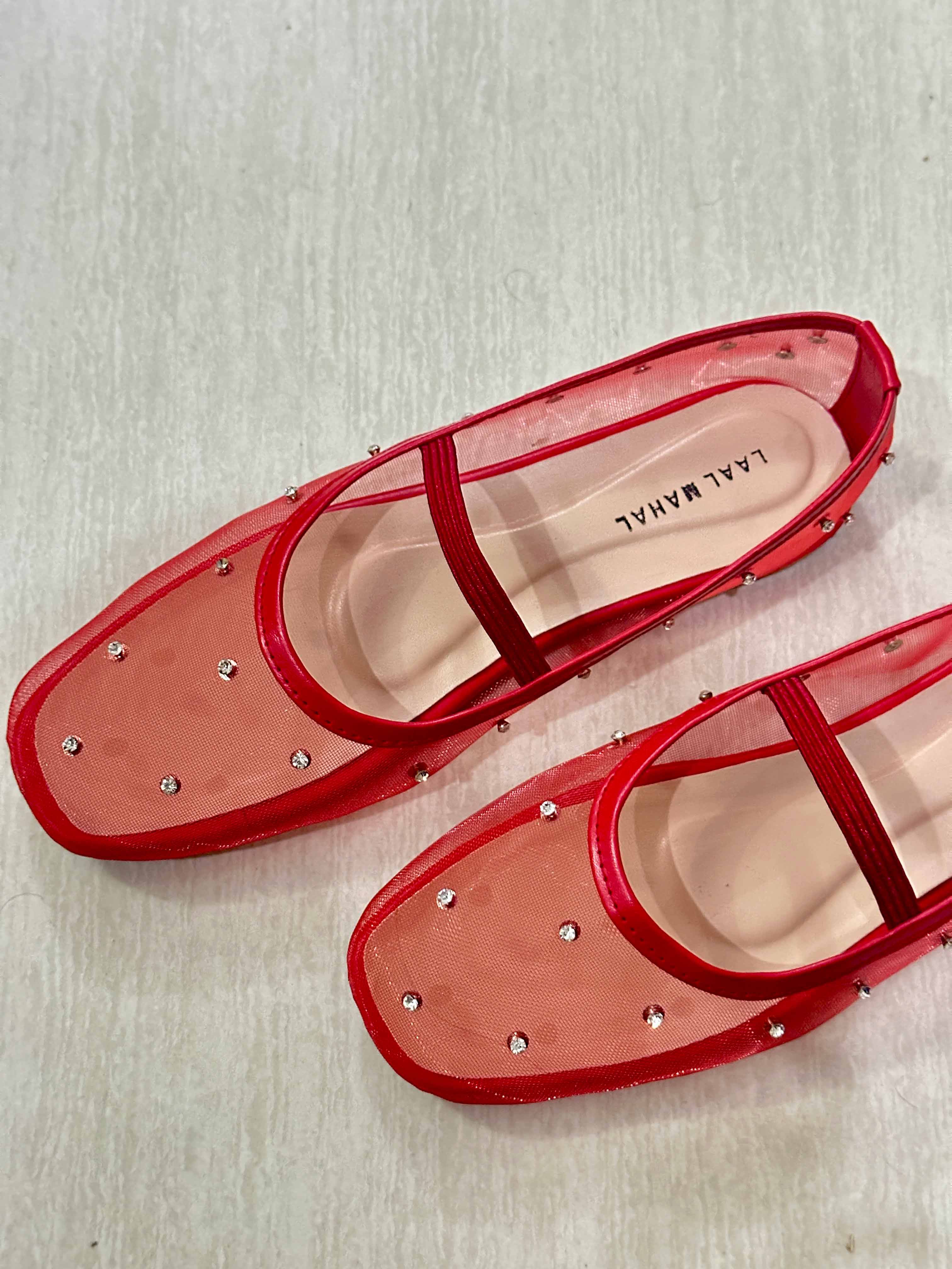 Crystal Gaze red rhinestone mesh ballet flat shoes pair top view Pakistan — Laal Mahal