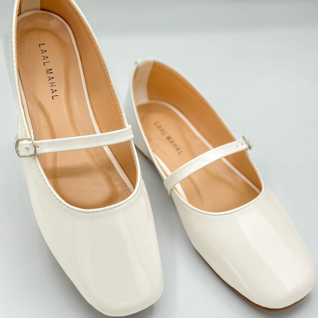 Dove Walk white patent leather Mary Jane flat shoes pair flat lay Pakistan — Laal Mahal
