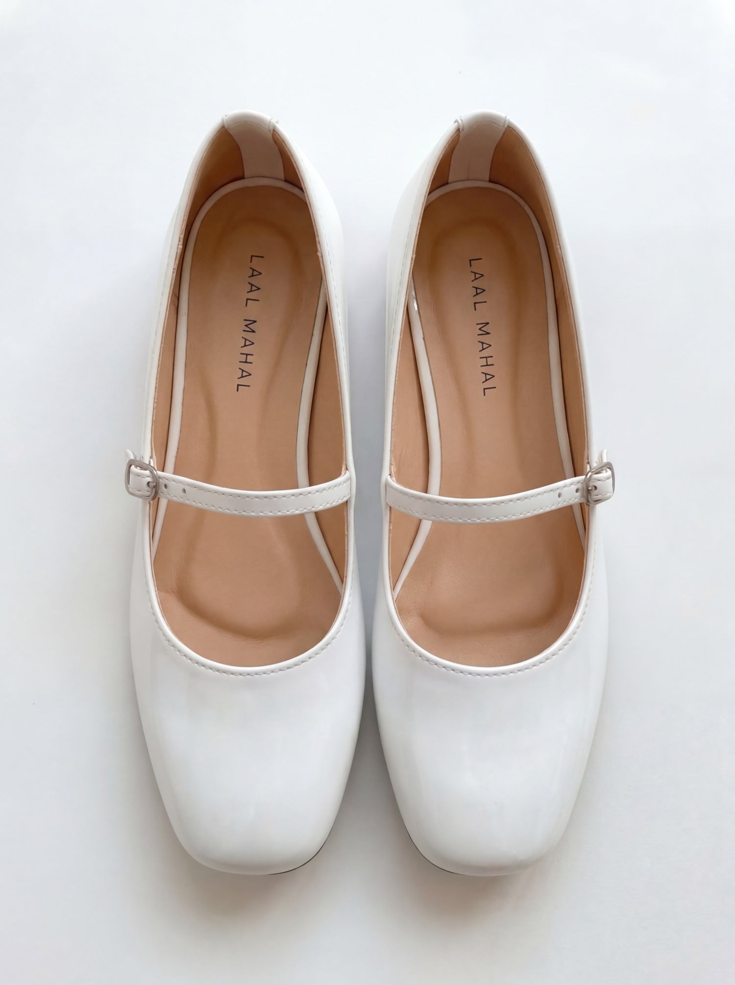 Dove Walk white patent leather mary jane flat shoes pair top view Pakistan — Laal Mahal