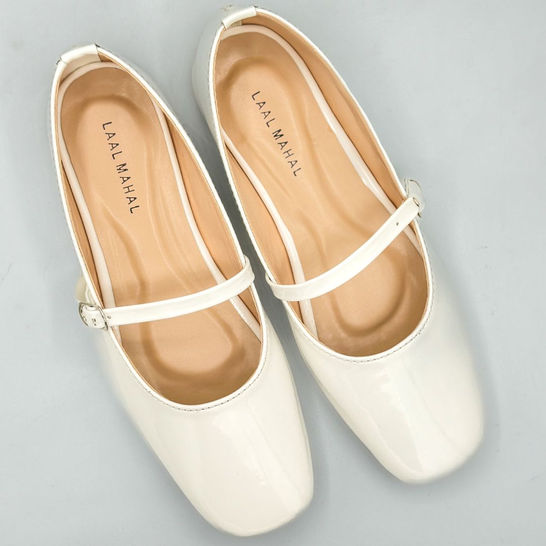 Dove Walk white patent leather mary jane flat shoes pair top view Pakistan — Laal Mahal