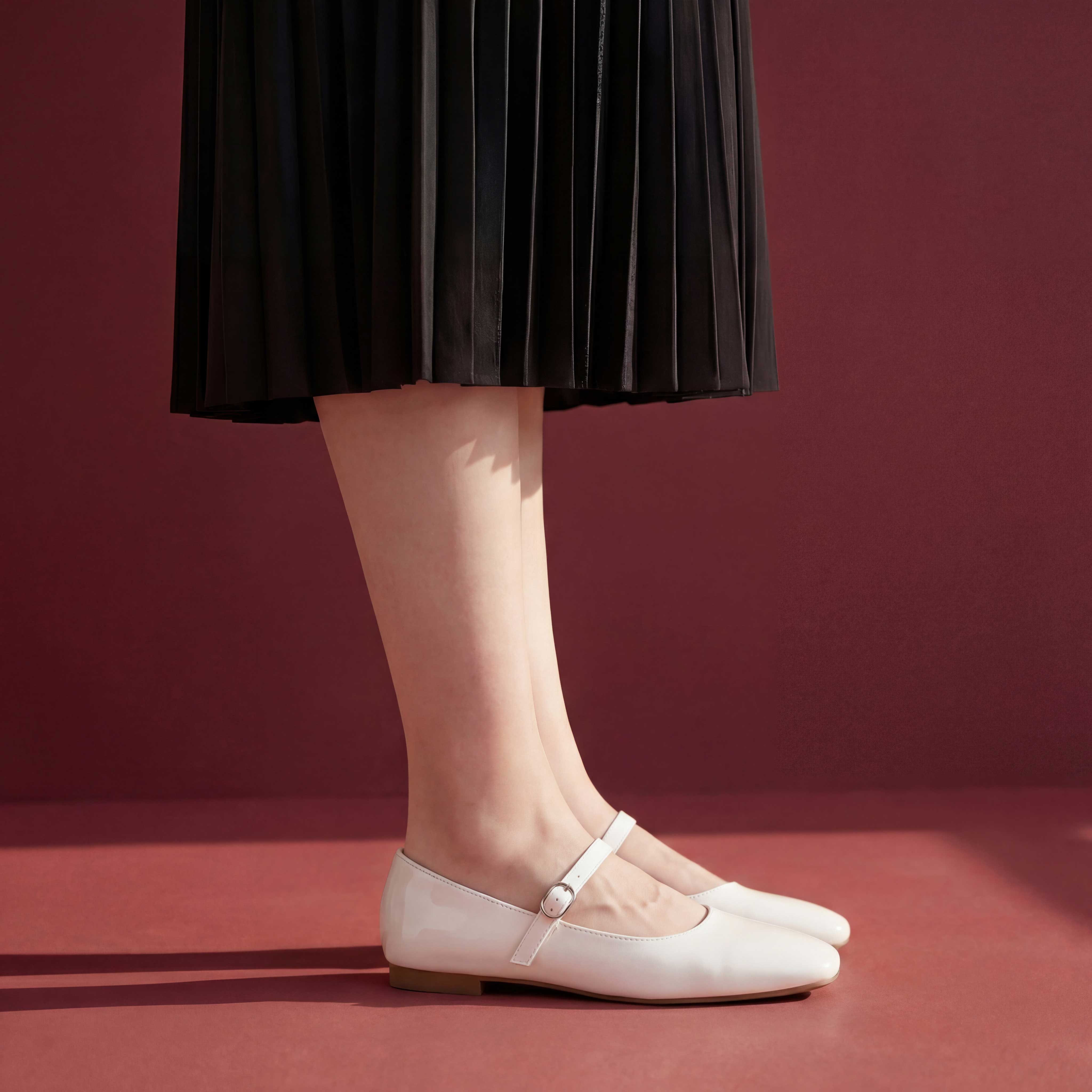 Dove Walk white patent leather mary jane flat shoes worn walking black skirt Pakistan — Laal Mahal