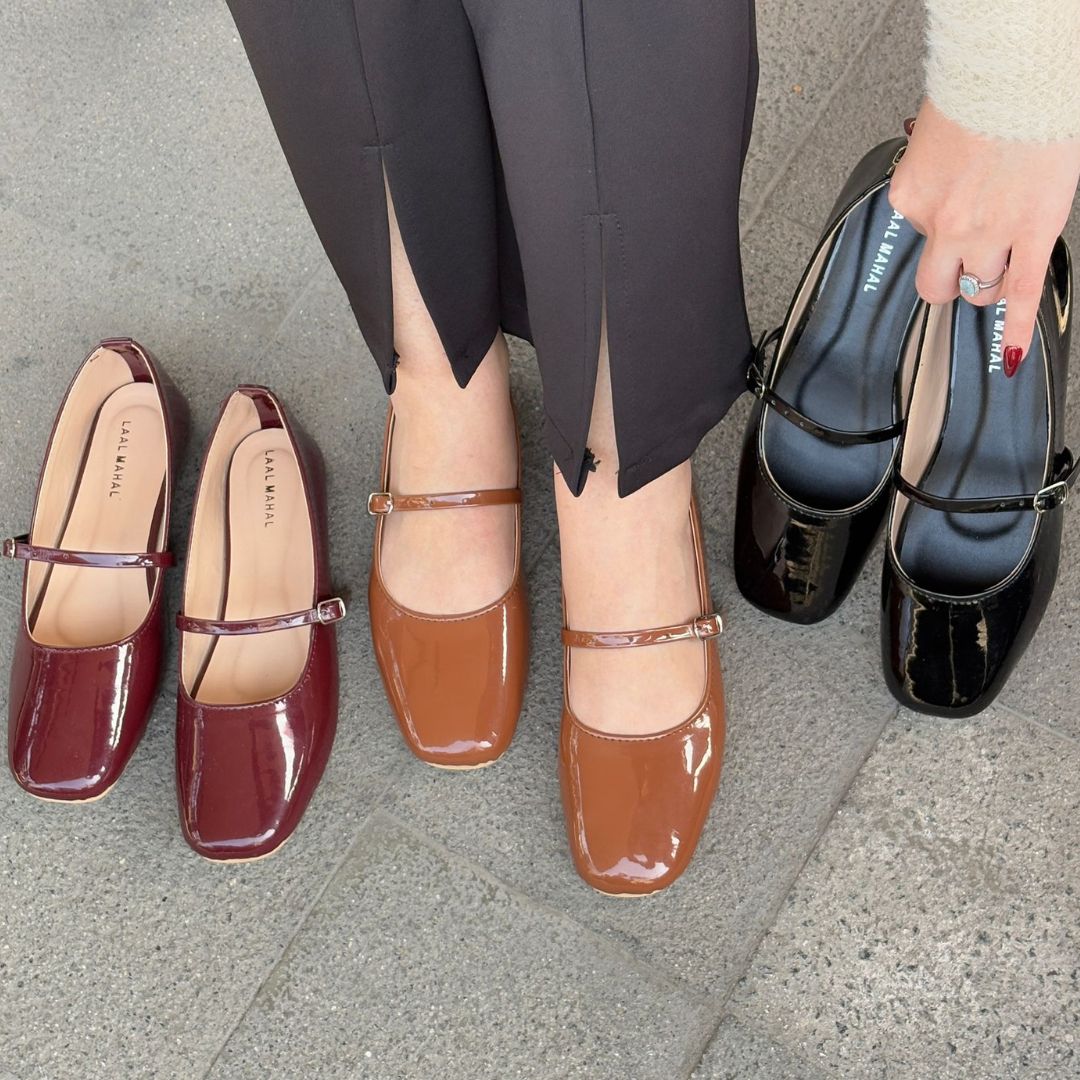 Glossy Black patent leather mary jane flats group shot multiple colours Pakistan — Laal Mahal
