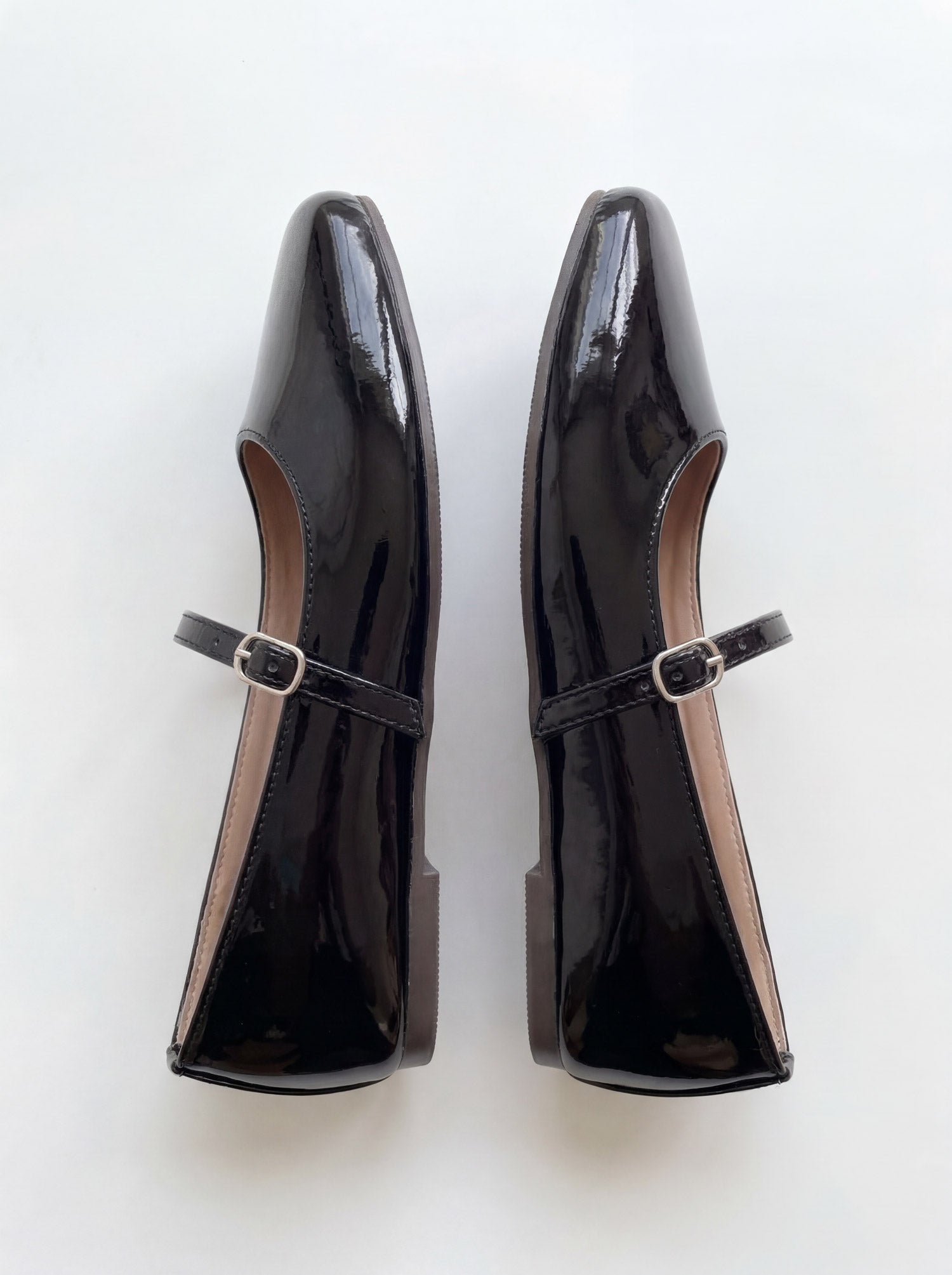 Glossy Black patent leather mary jane flat shoes pair top view Pakistan — Laal Mahal
