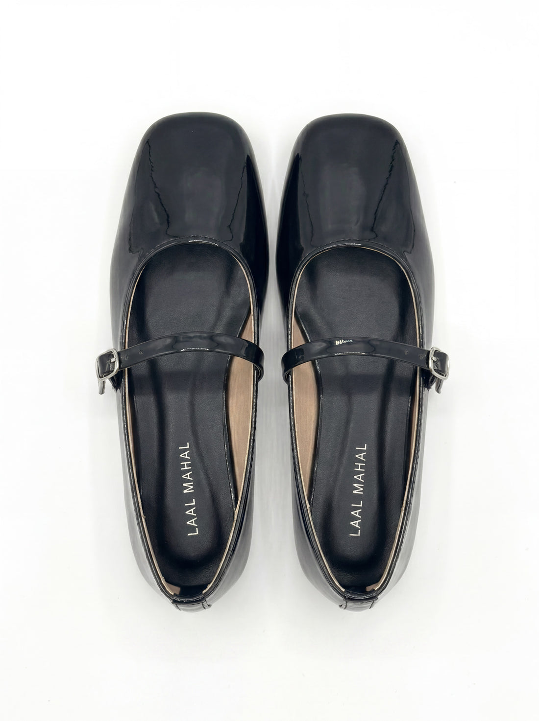 Glossy Black patent leather mary jane flat shoes worn with maroon pants Pakistan — Laal Mahal