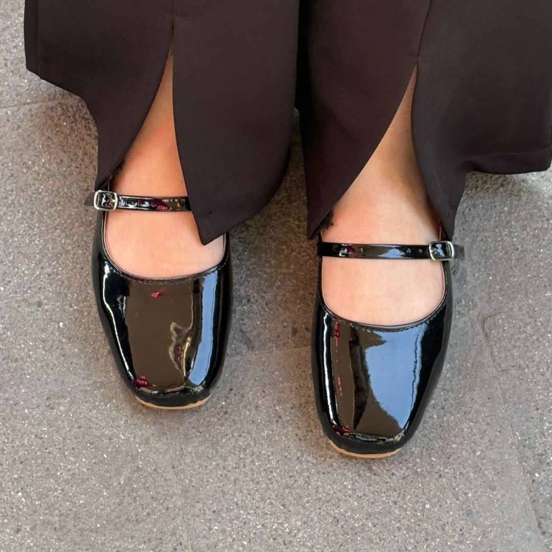 Glossy Black patent mary jane flat shoes worn feet angle view Pakistan — Laal Mahal