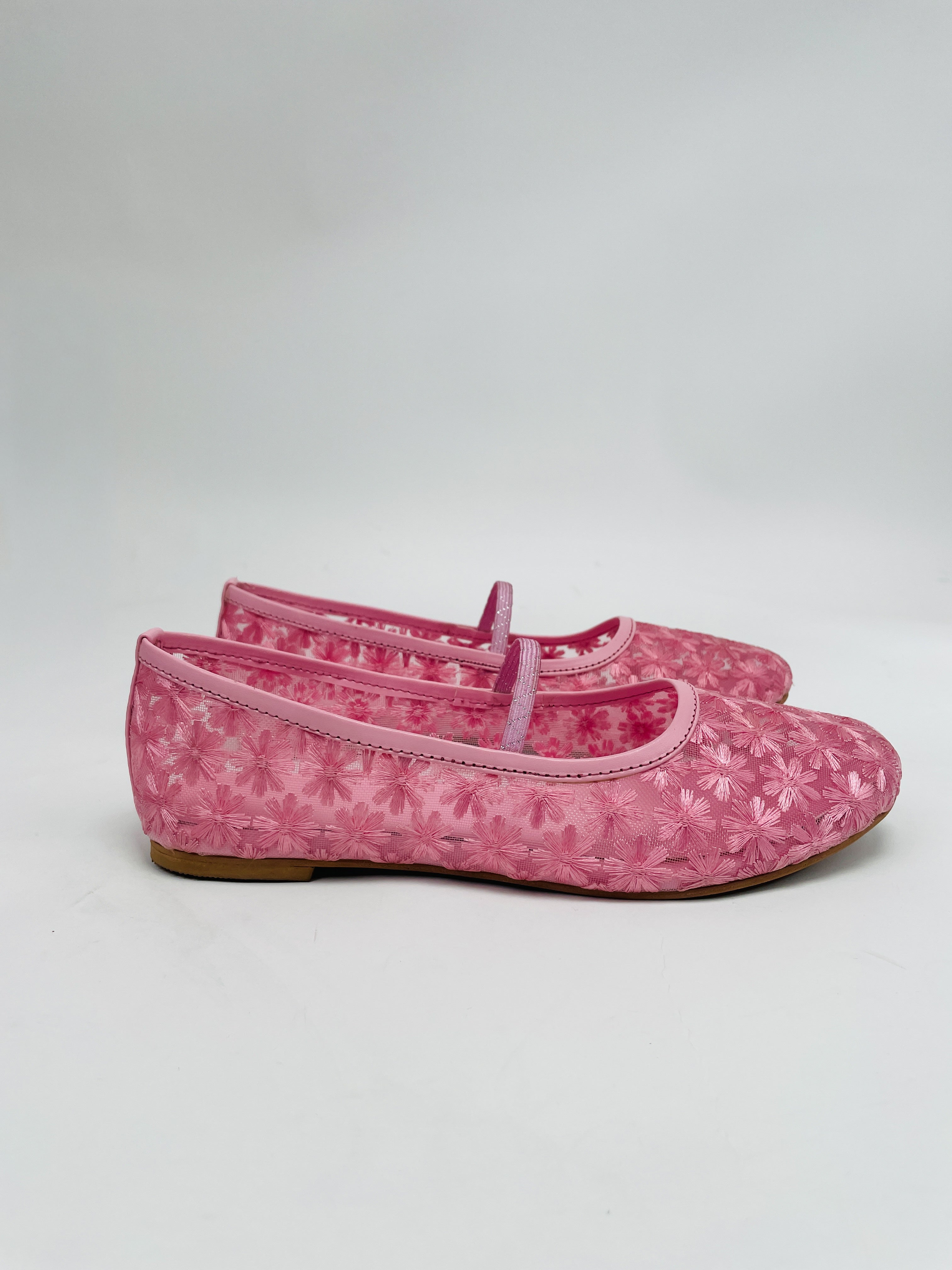 Pair of pink floral-patterned shoes on a white background