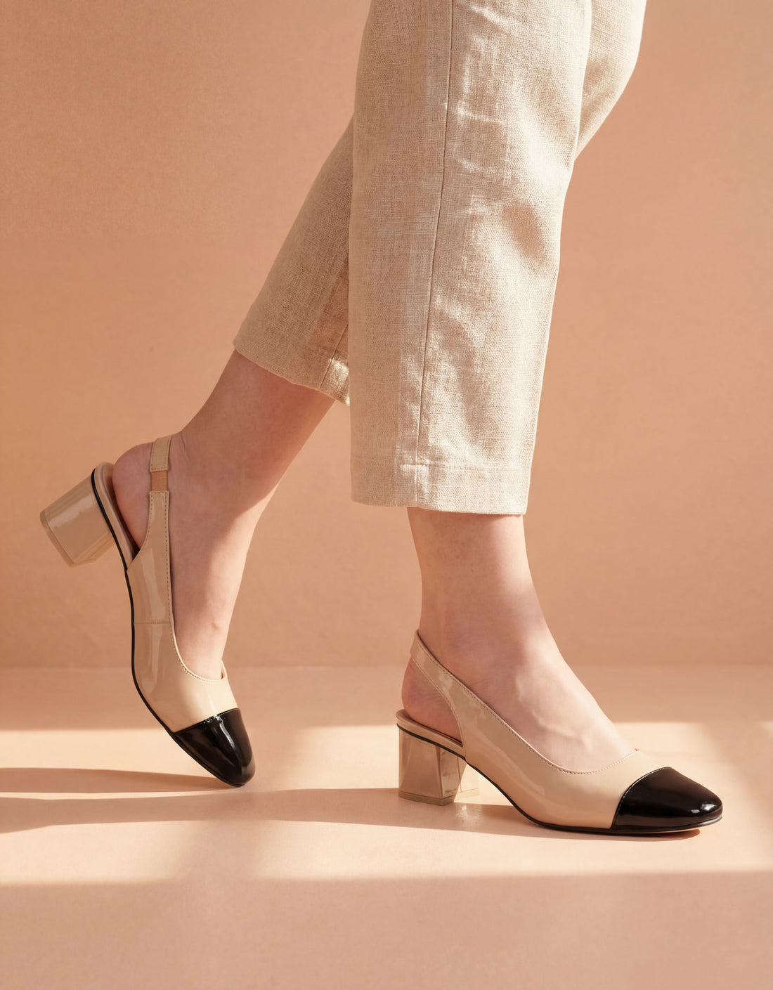 Beige black contrast patent slingback block heels square toe women Pakistan Laal Mahal