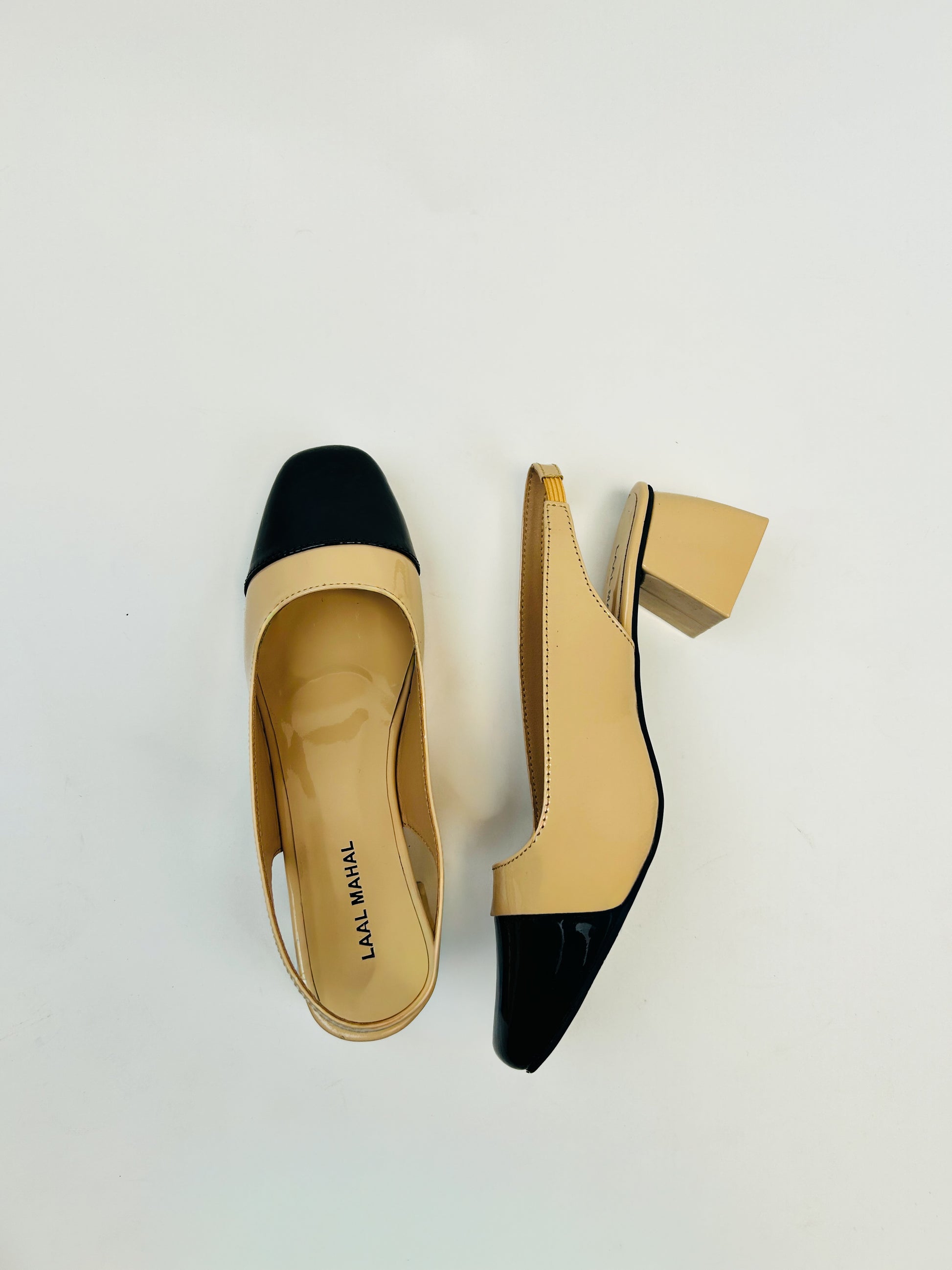 Beige black contrast patent slingback block heels square toe women Pakistan Laal Mahal