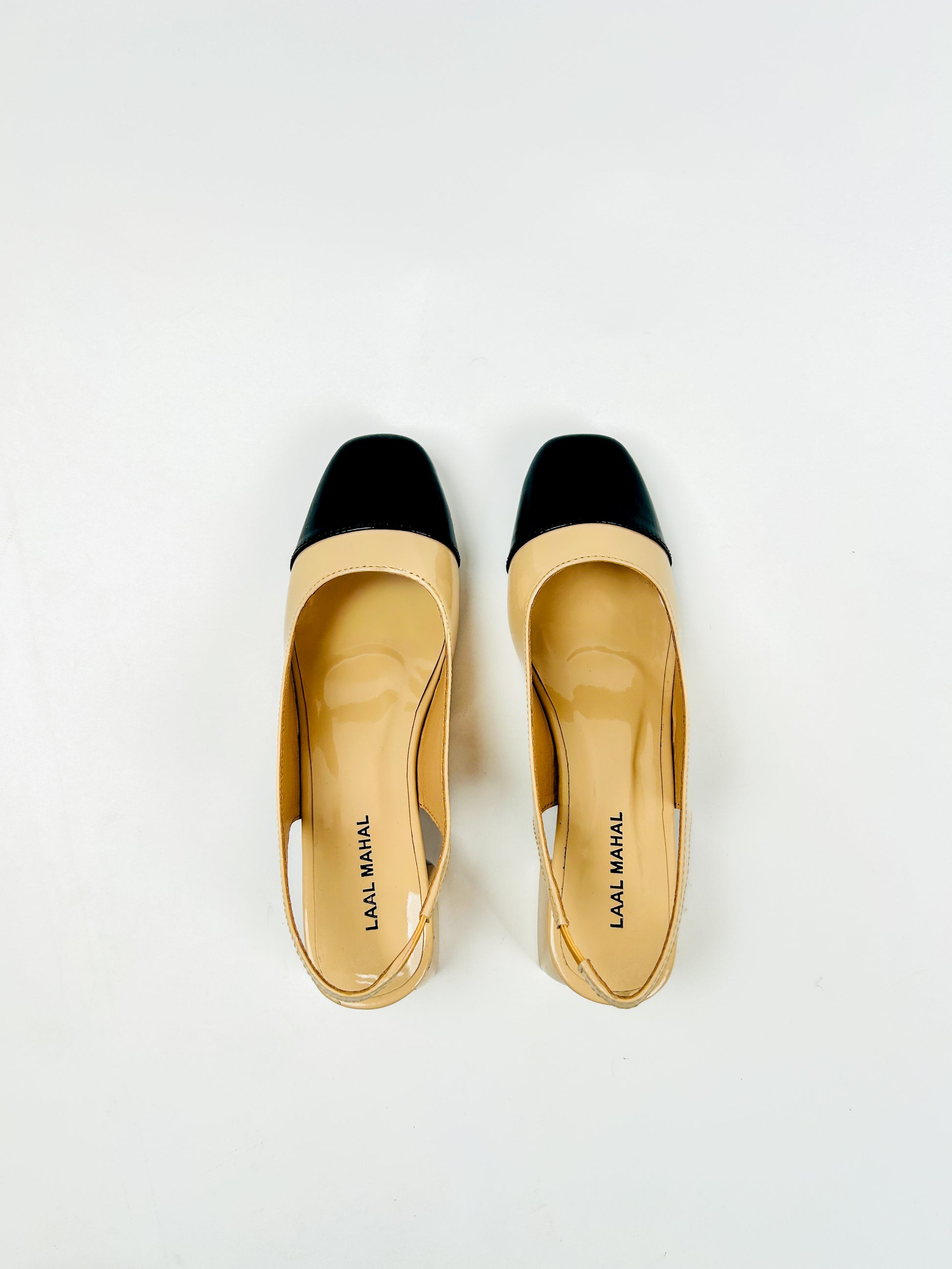 Beige black contrast patent slingback block heels square toe women Pakistan Laal Mahal