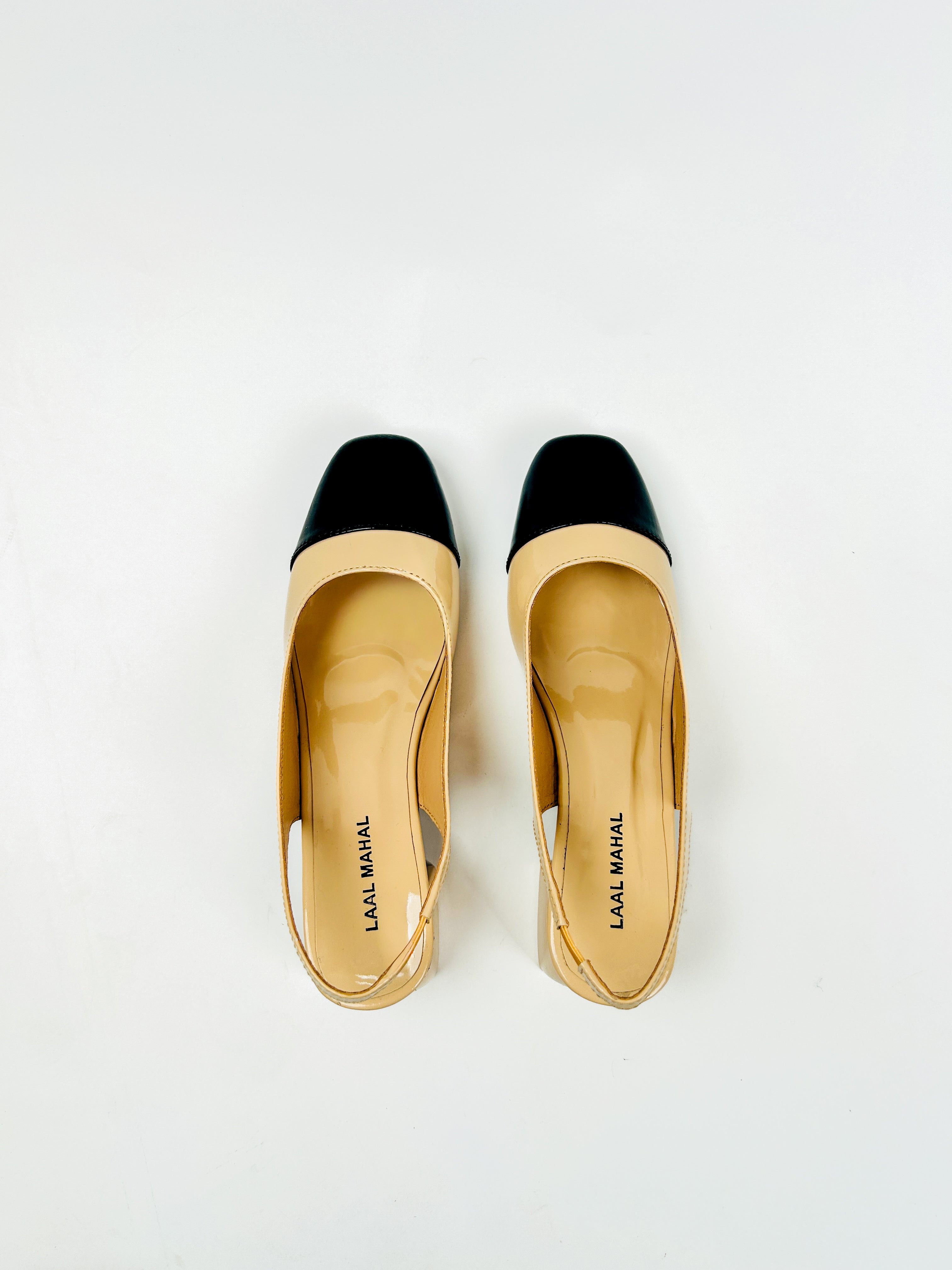 Beige black contrast patent slingback block heels square toe women Pakistan Laal Mahal