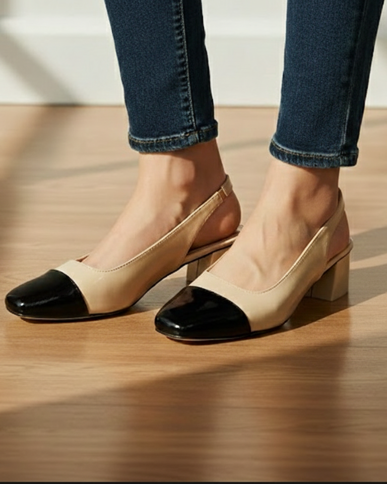 Beige black contrast patent slingback block heels square toe women Pakistan Laal Mahal