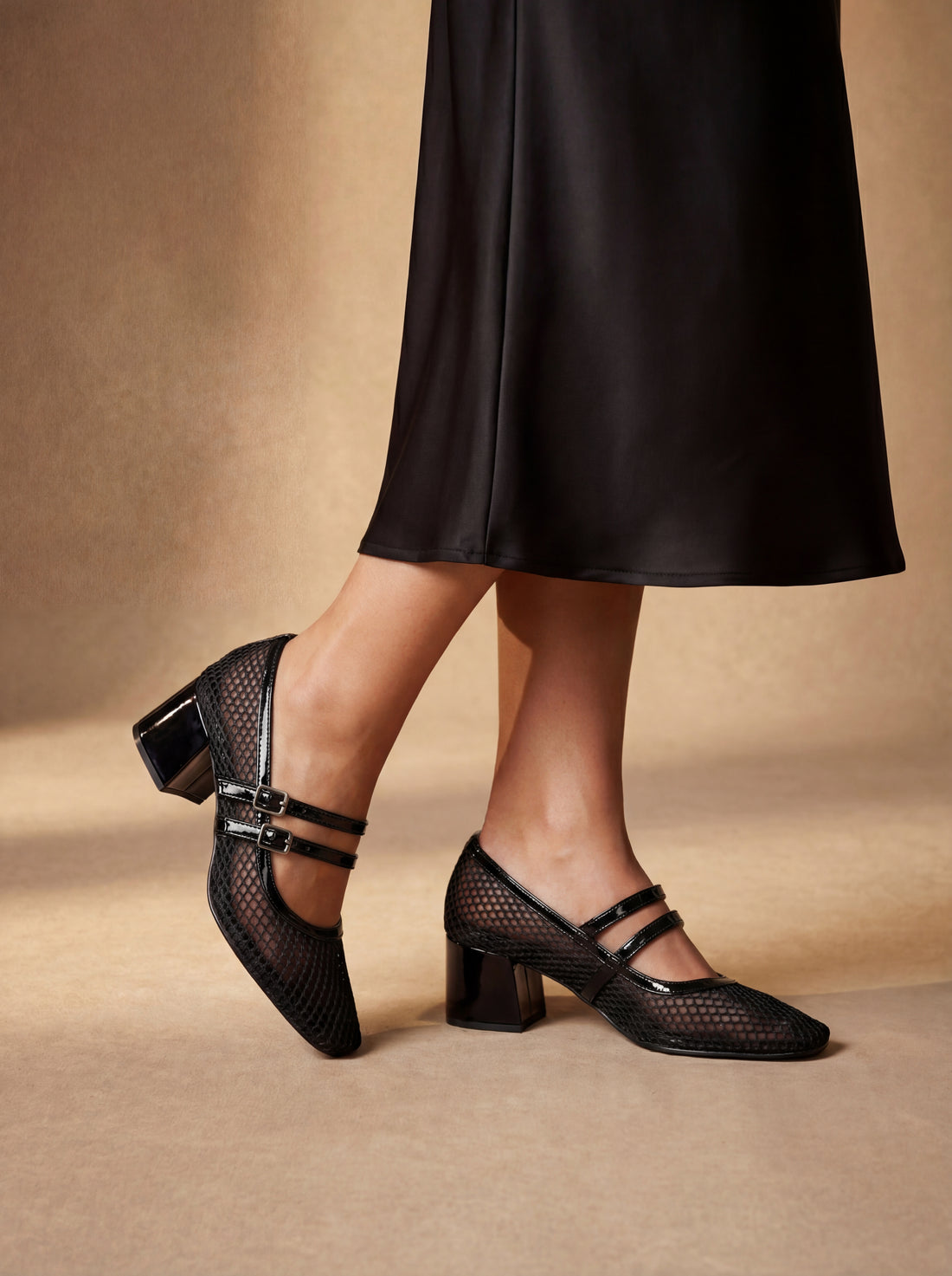 Black mesh double buckle block heels 2 inch women Pakistan Laal Mahal