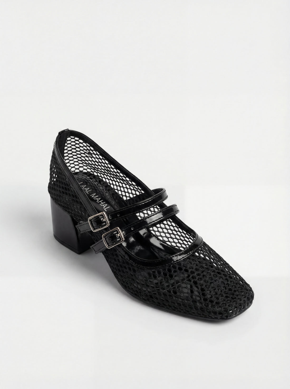 Black mesh double buckle block heels 2 inch women Pakistan Laal Mahal