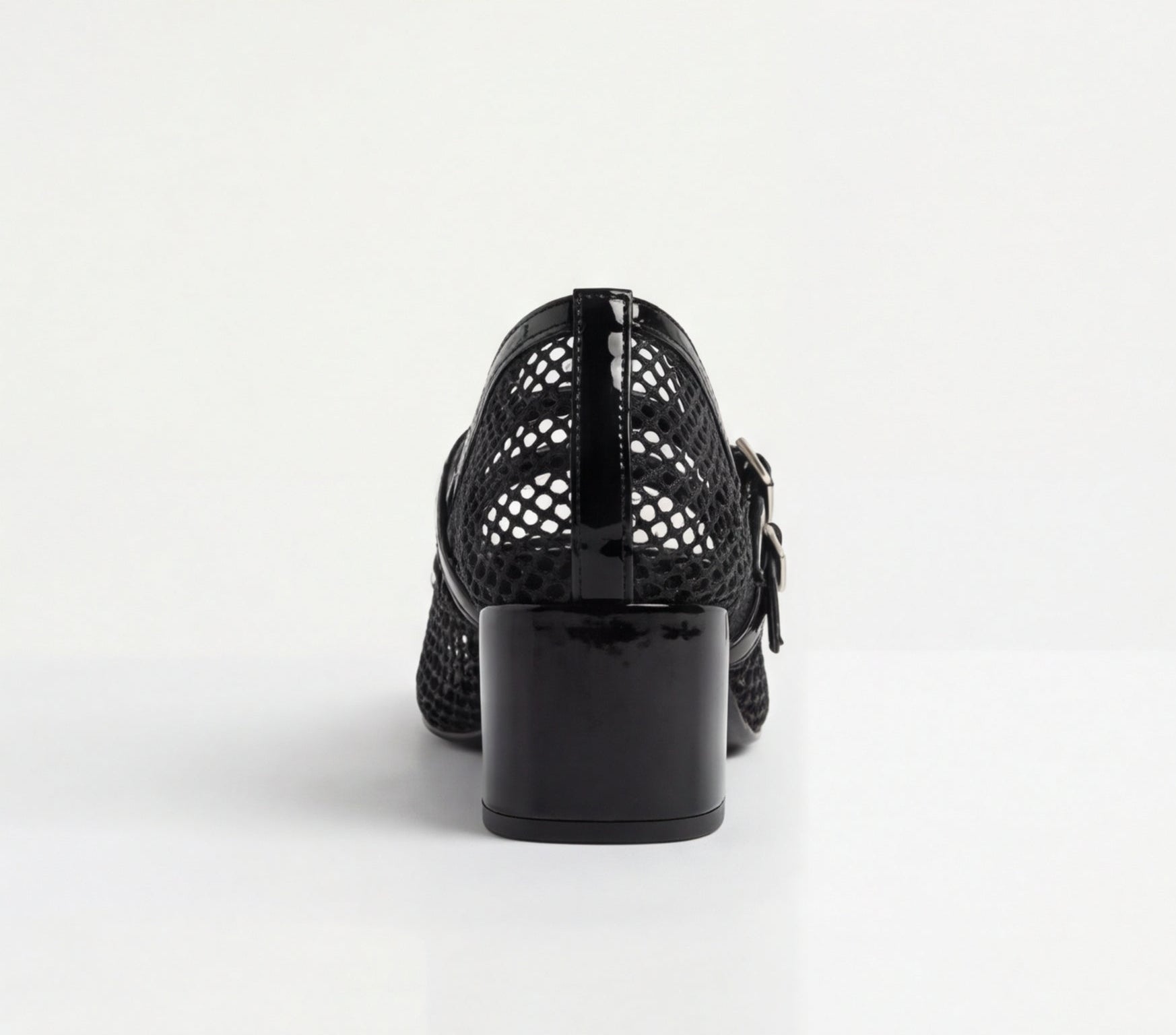 Black mesh double buckle block heels back view Pakistan — Laal Mahal