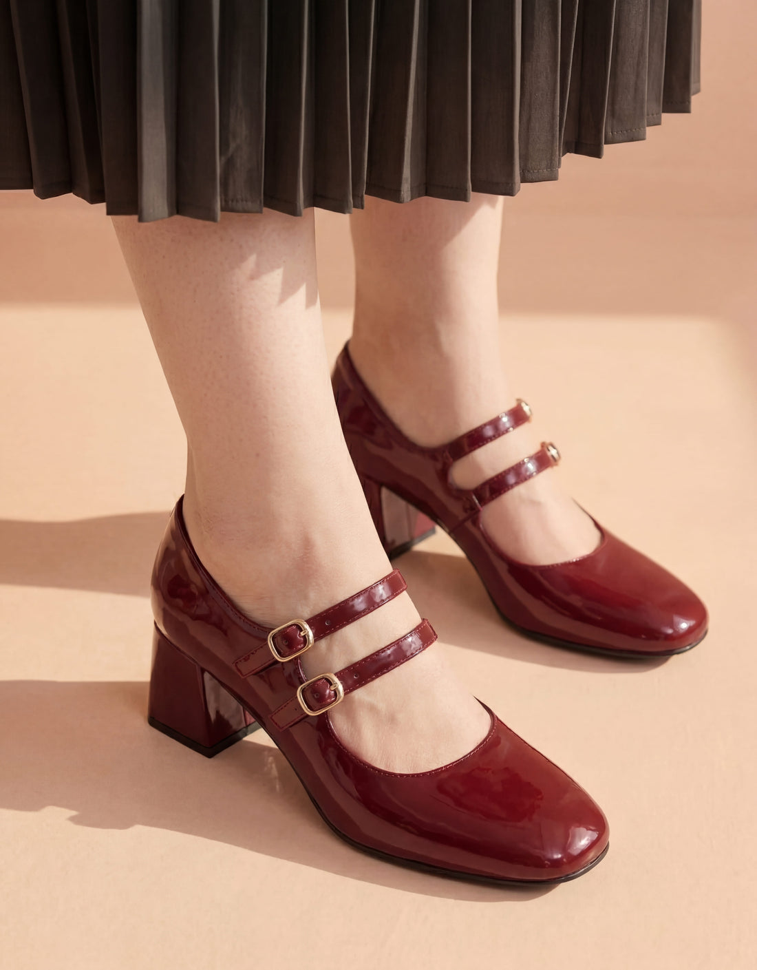 Maroon patent leather double buckle Mary Jane block heels women Pakistan – Laal Mahal