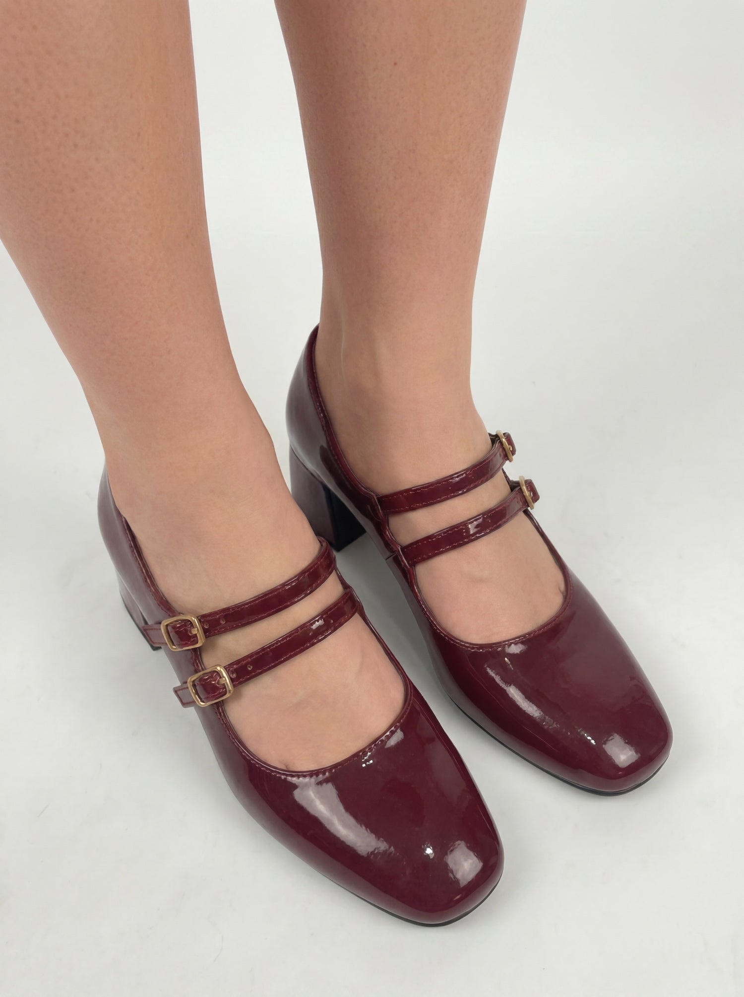Maroon patent leather double buckle Mary Jane block heels women Pakistan – Laal Mahal