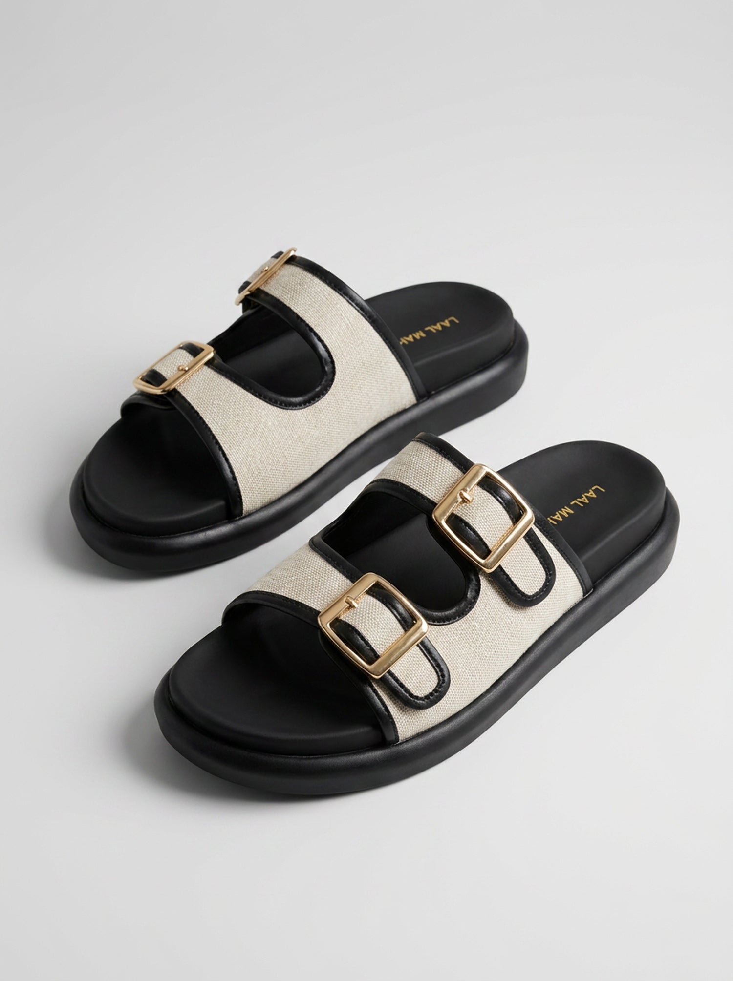 Laal Mahal Monaco Double Buckle Flatform Sandals 3/4 angle pair view showing gold hardware and soft medicated flatform sole