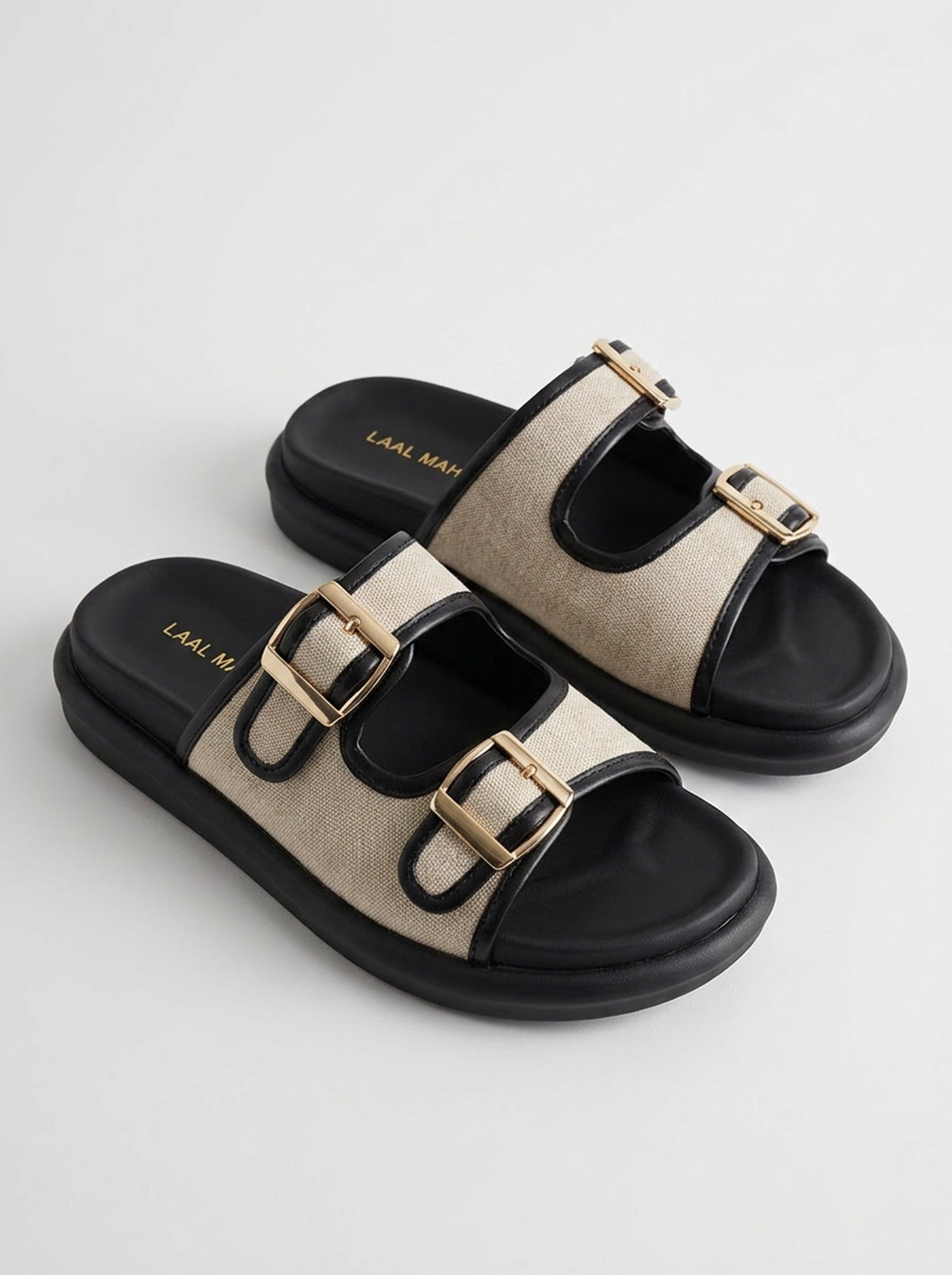 Laal Mahal Monaco Double Buckle Flatform Sandals side angle pair showing double gold buckle straps and black leather trim